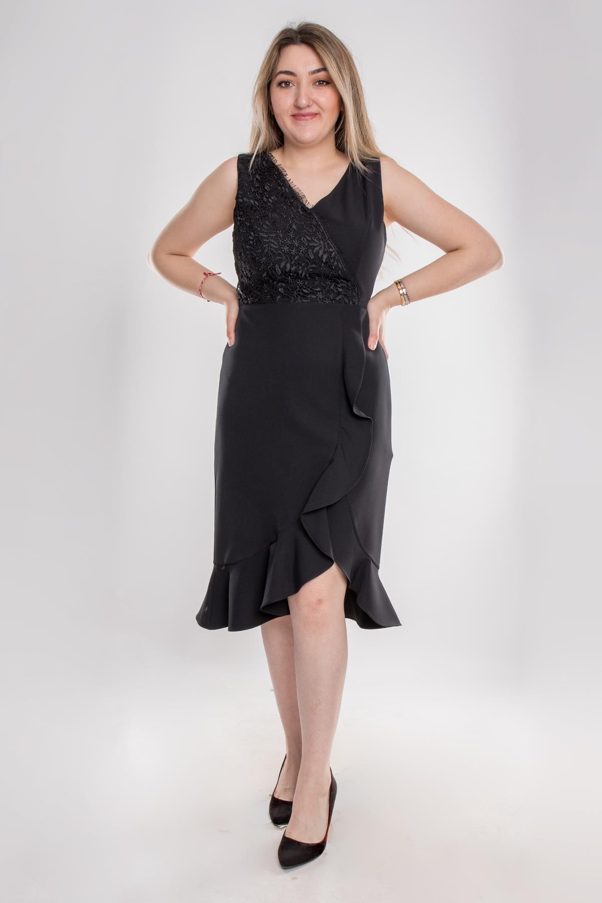 D-957 Büyük Beden Yanı Fırfırlı Kısa Krep Nikahlık Elbise