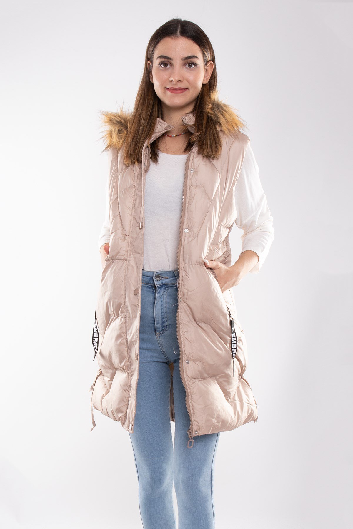 D89823 Kapşonlu Kadın Şişme Uzun Yelek