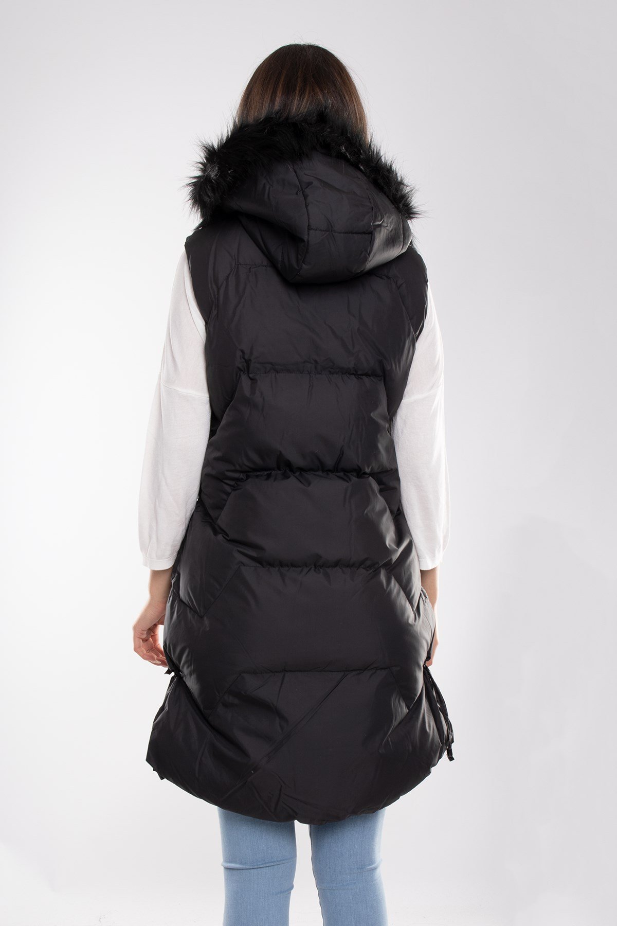 D89823 Kapşonlu Kadın Şişme Uzun Yelek