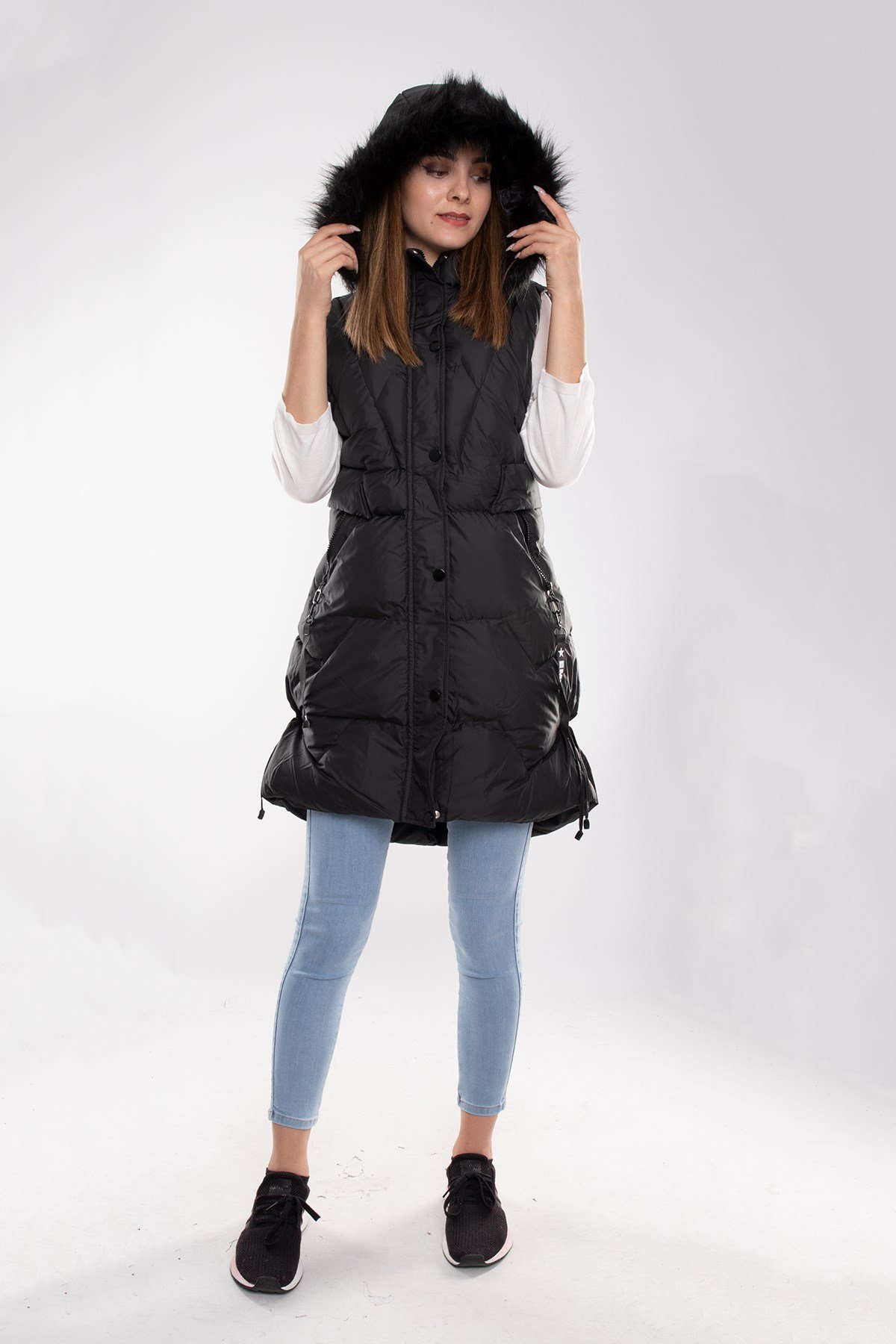 D89823 Kapşonlu Kadın Şişme Uzun Yelek