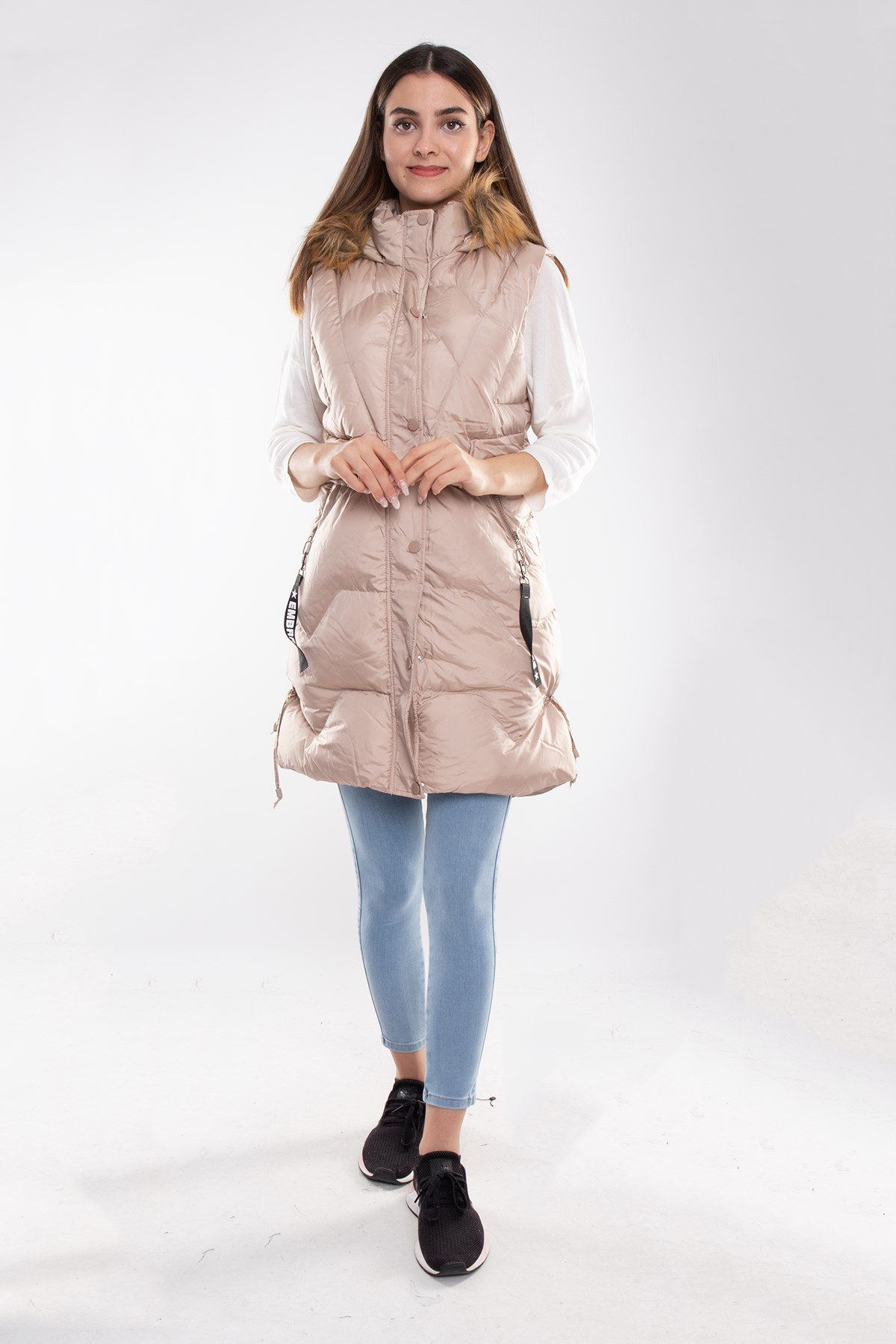 D89823 Kapşonlu Kadın Şişme Uzun Yelek