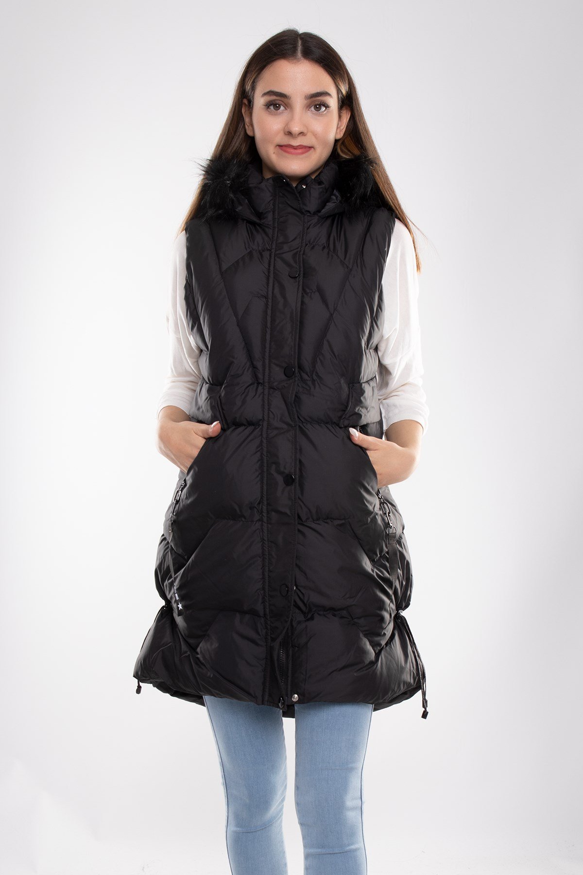 D89823 Kapşonlu Kadın Şişme Uzun Yelek