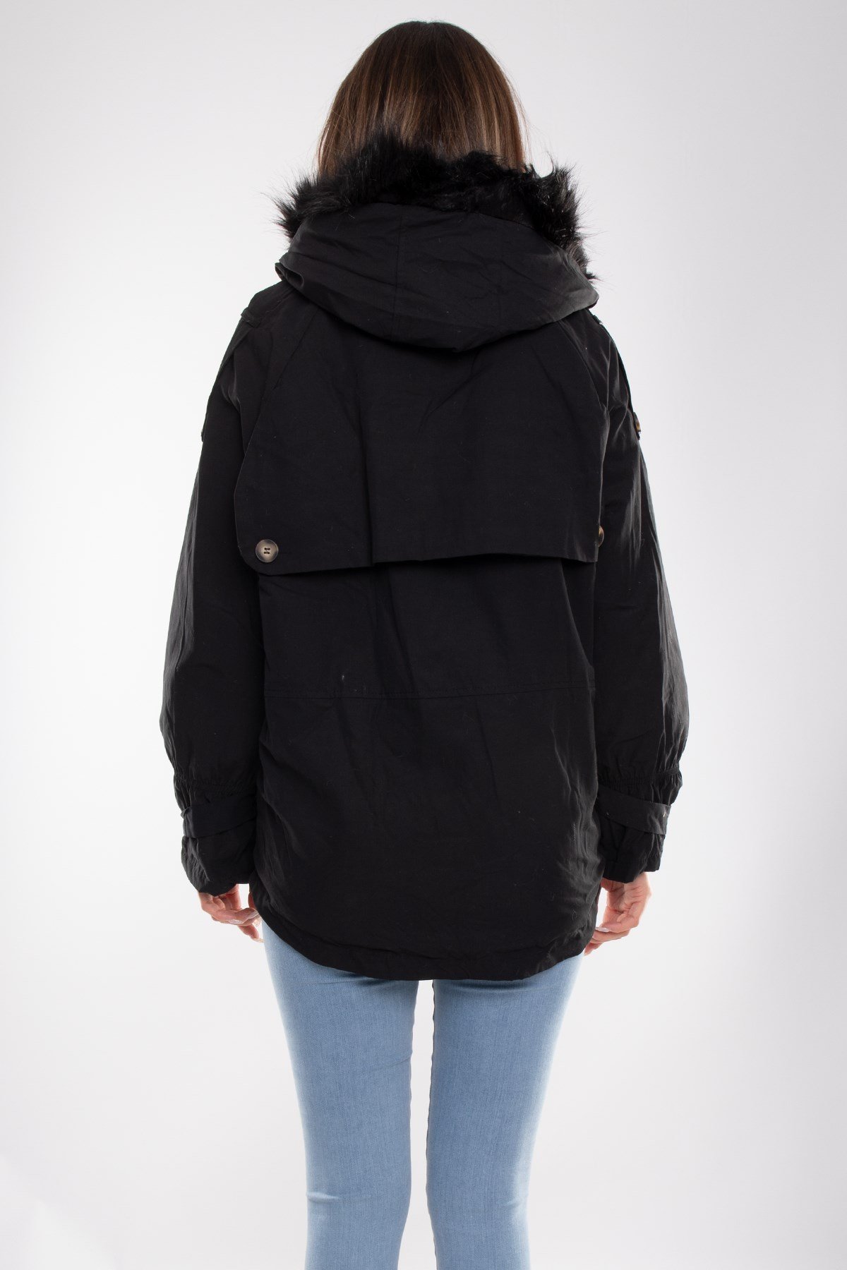 D89851 İçi Kürklü Kol Büzgülü Kapşonlu Kadın Mont