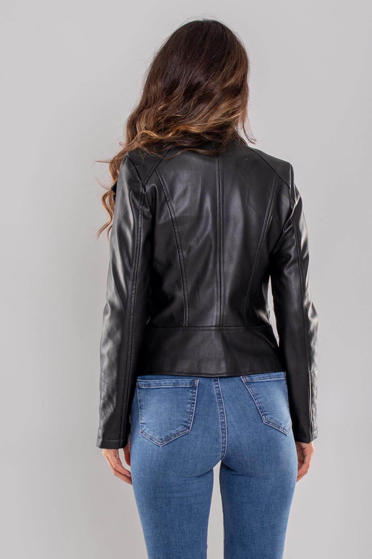 D99072 Yandan Fermuar Detay Yaka Zımbalı Deri Ceket