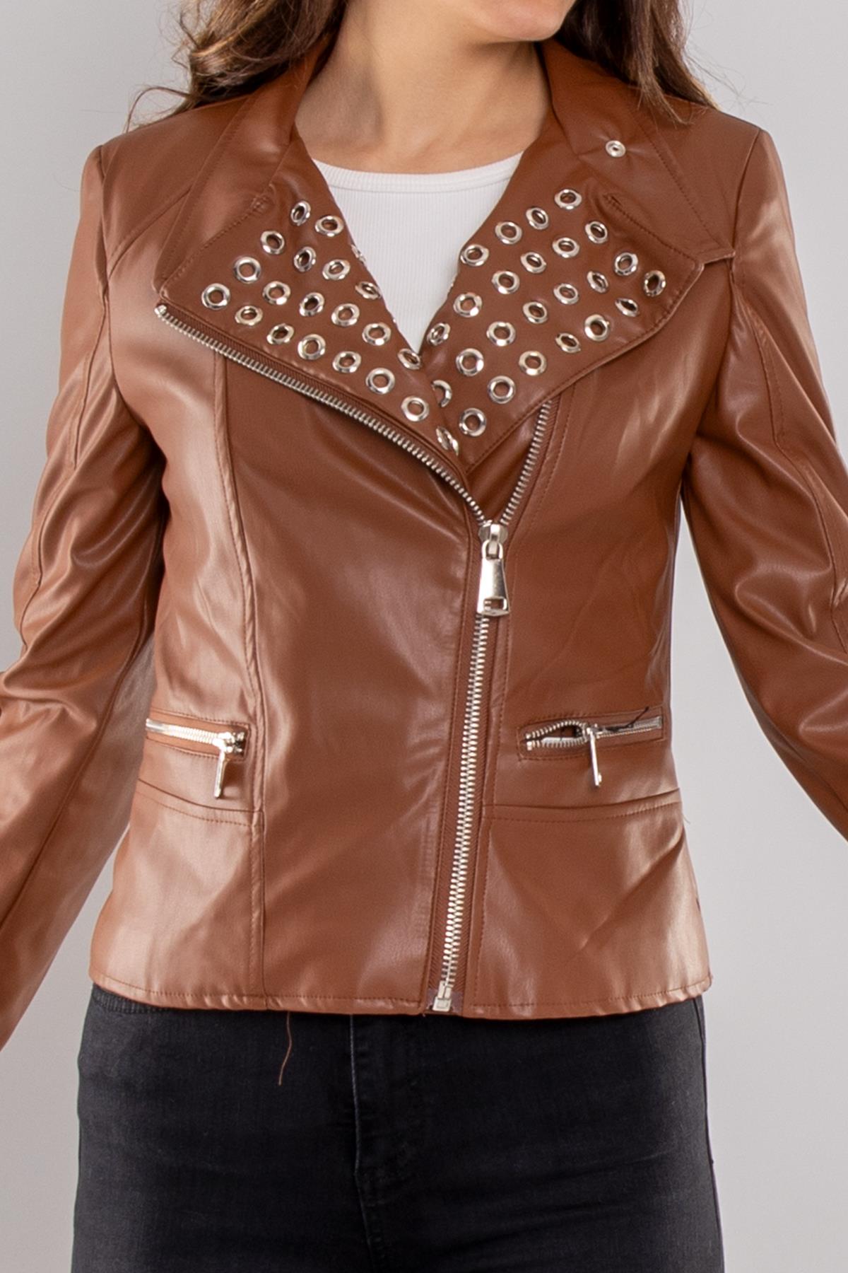 D99072 Yandan Fermuar Detay Yaka Zımbalı Deri Ceket