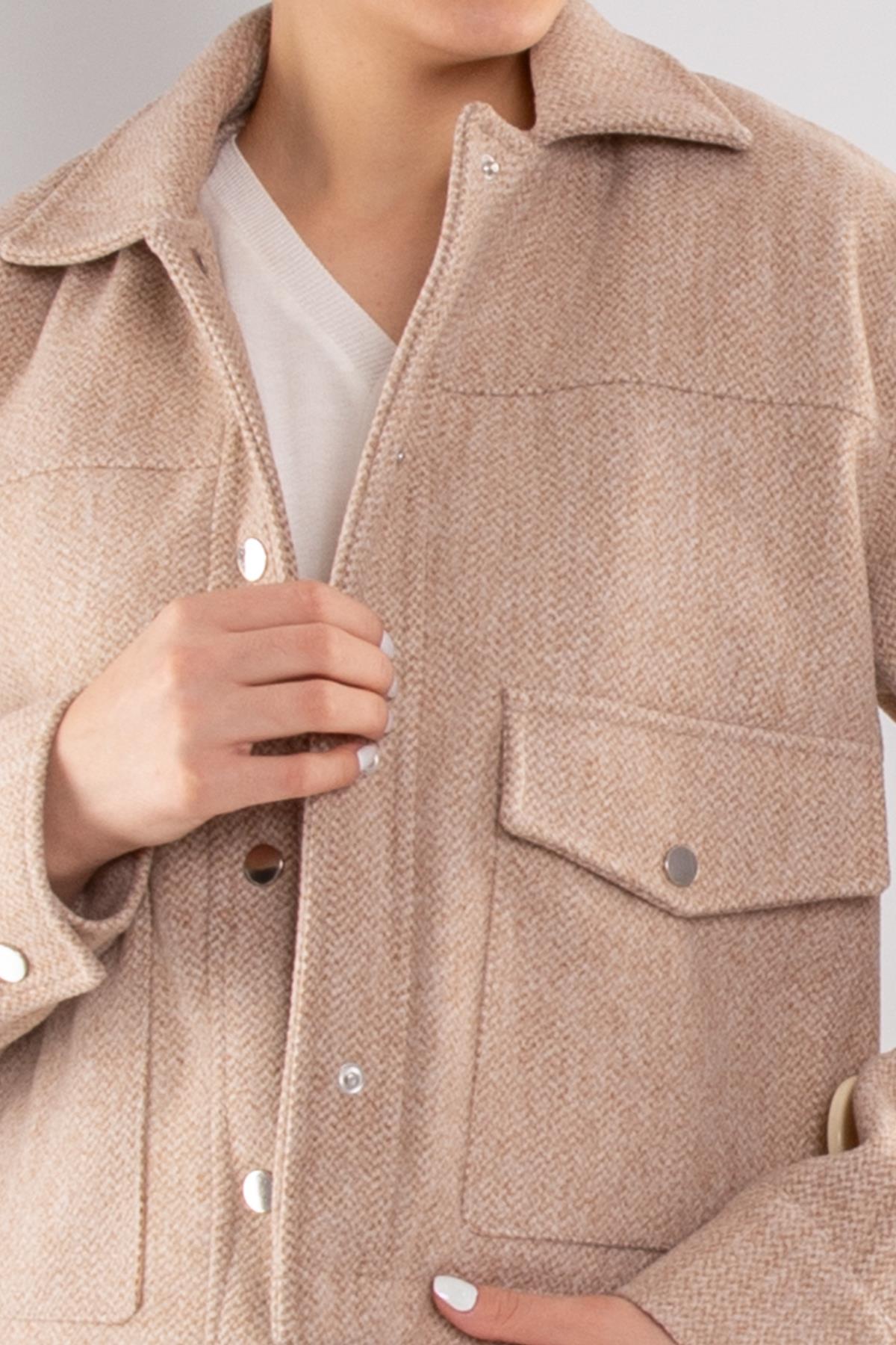 D99148 Cep Detay Kısa Crop Melanj Kaşe Mont