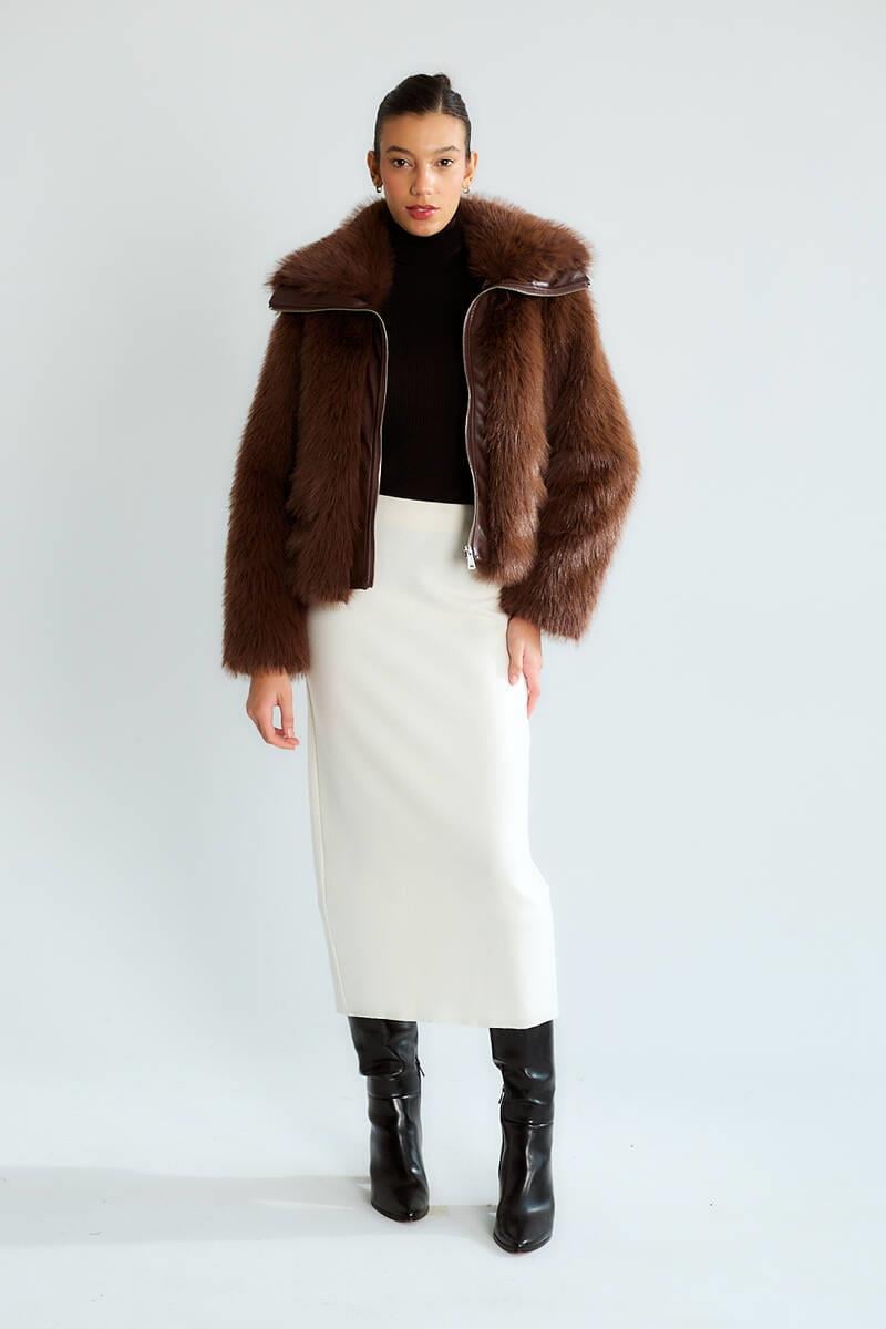 D99459 Deri Detay Fermuarlı Kürklü Ceket