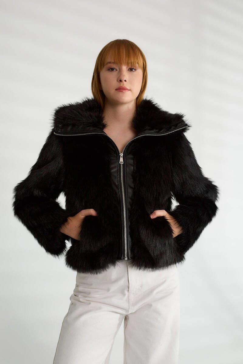 D99459 Deri Detay Fermuarlı Kürklü Ceket