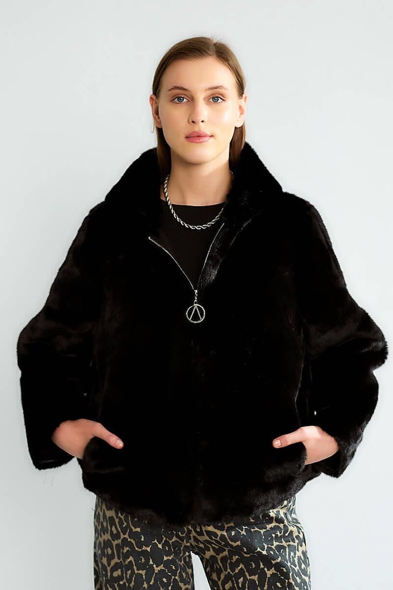 D99680 Kapüşonlu Fermuarlı Peluş Mont