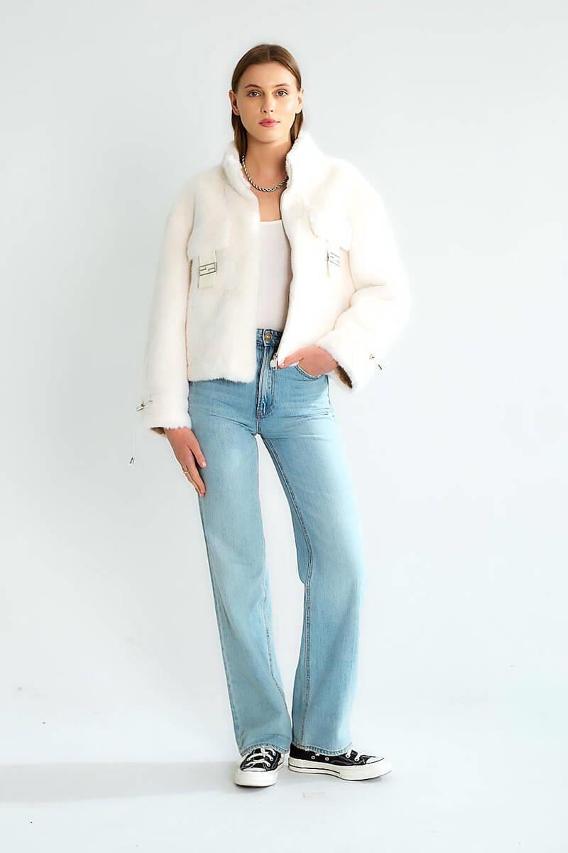 D99681 Deri Cep Kapaklı Kısa Crop Kürklü Ceket