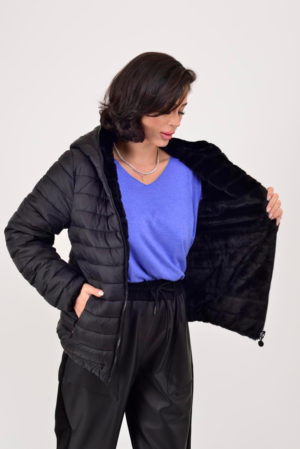 HV811 İçi Düz Desen Kürklü Kapitone Kapüşonlu Mont