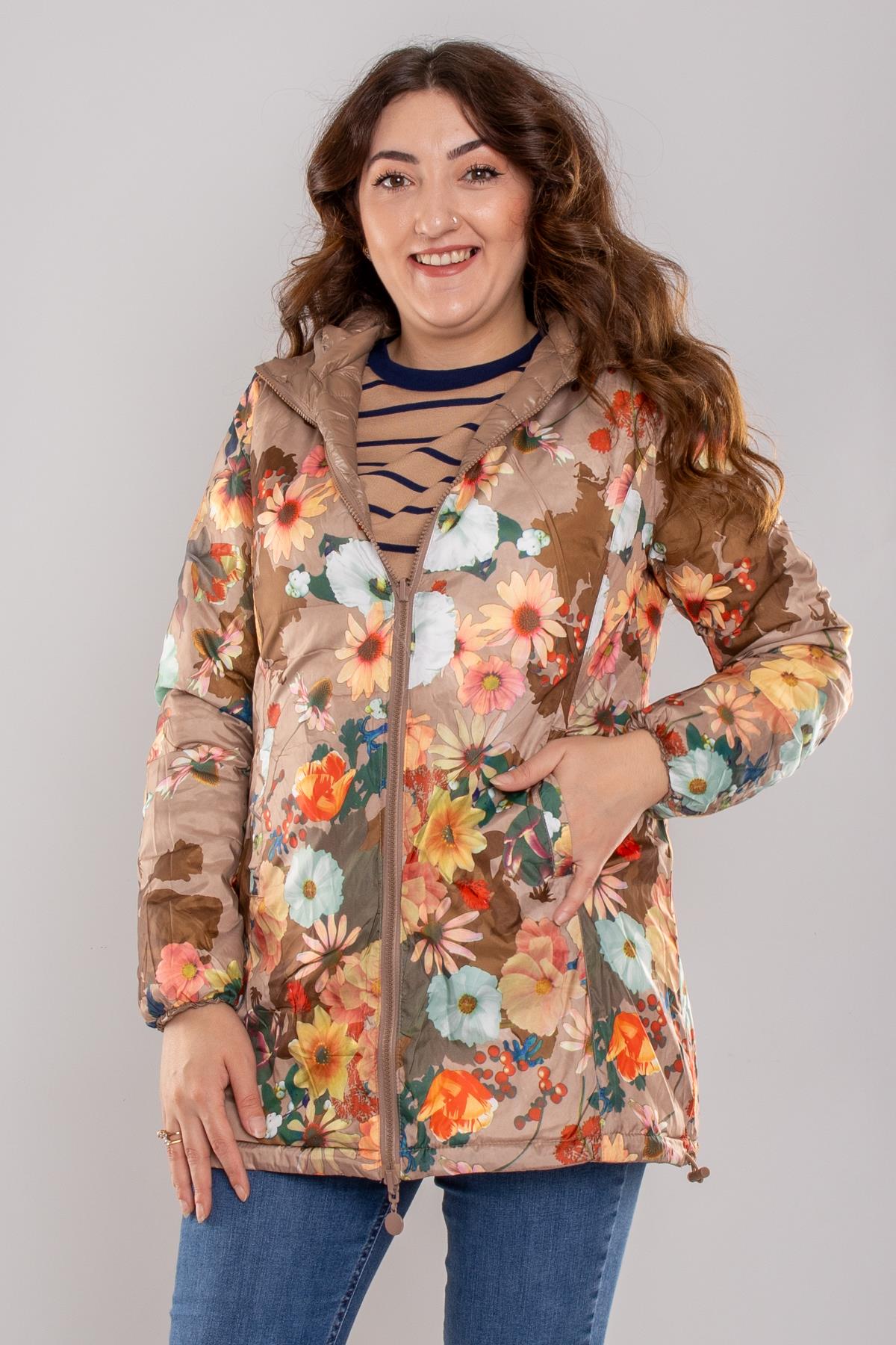 HV959 Slimfit İçi Çiçek Desen Kapüşonlu Eteği Büzgülü Kapitone Mont