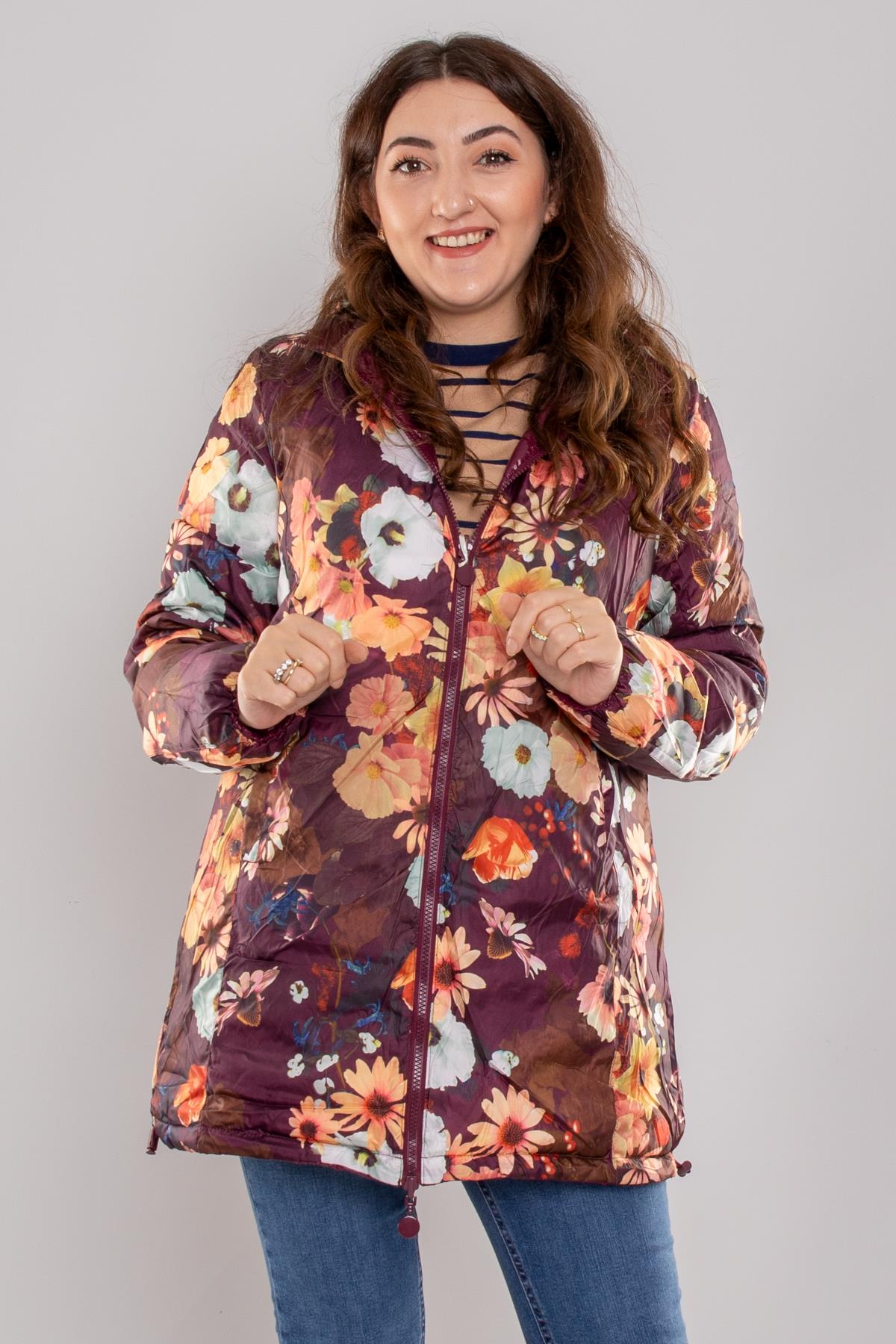 HV959 Slimfit İçi Çiçek Desen Kapüşonlu Eteği Büzgülü Kapitone Mont