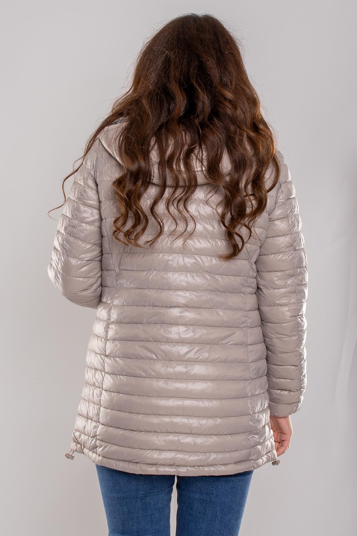 HV959 Slimfit İçi Çiçek Desen Kapüşonlu Eteği Büzgülü Kapitone Mont