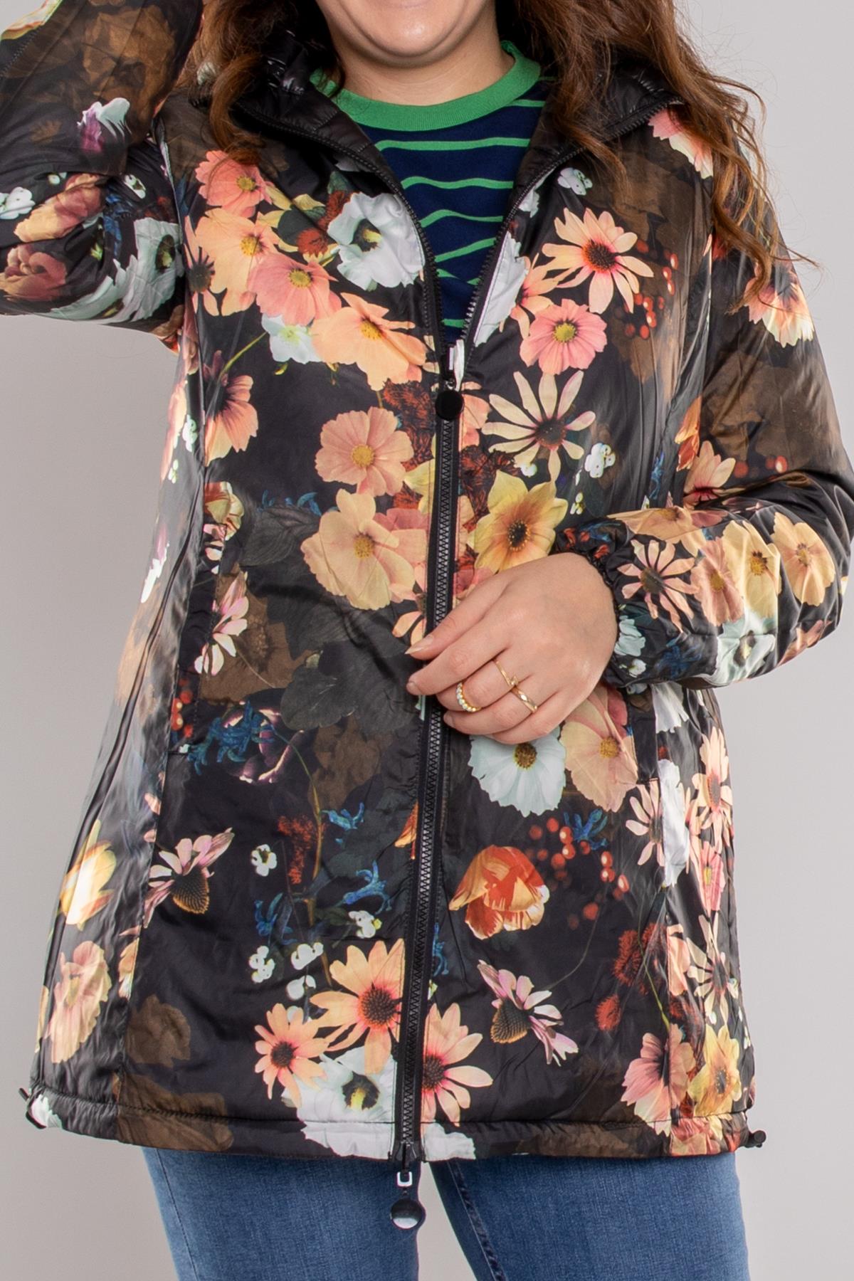 HV959 Slimfit İçi Çiçek Desen Kapüşonlu Eteği Büzgülü Kapitone Mont