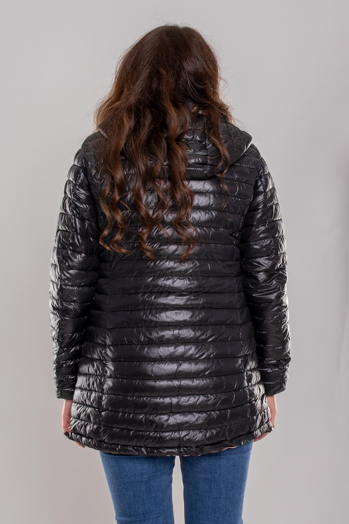 HV959 Slimfit İçi Çiçek Desen Kapüşonlu Eteği Büzgülü Kapitone Mont