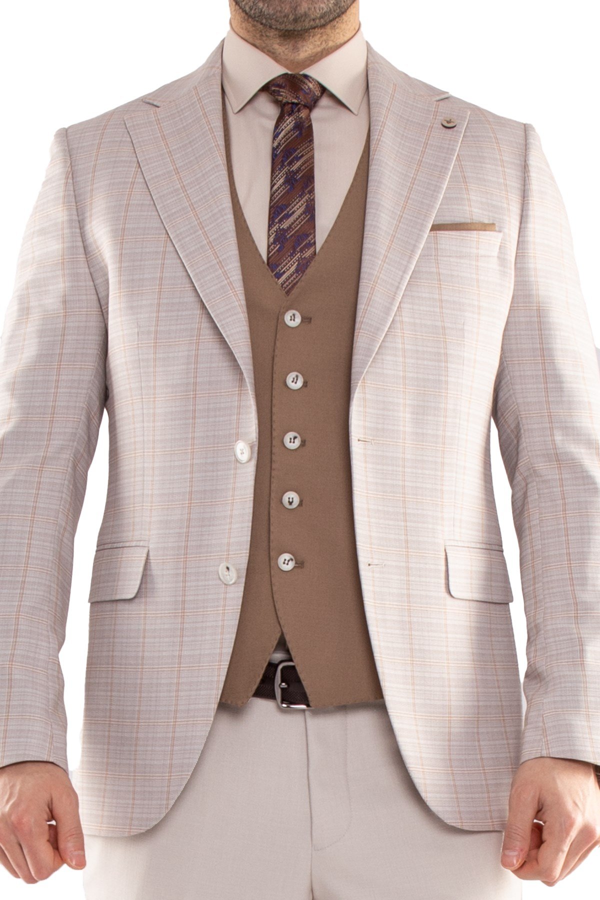 JK35SF02M061 Slimfit 6 Drop Kareli Yelekli Takım Elbise