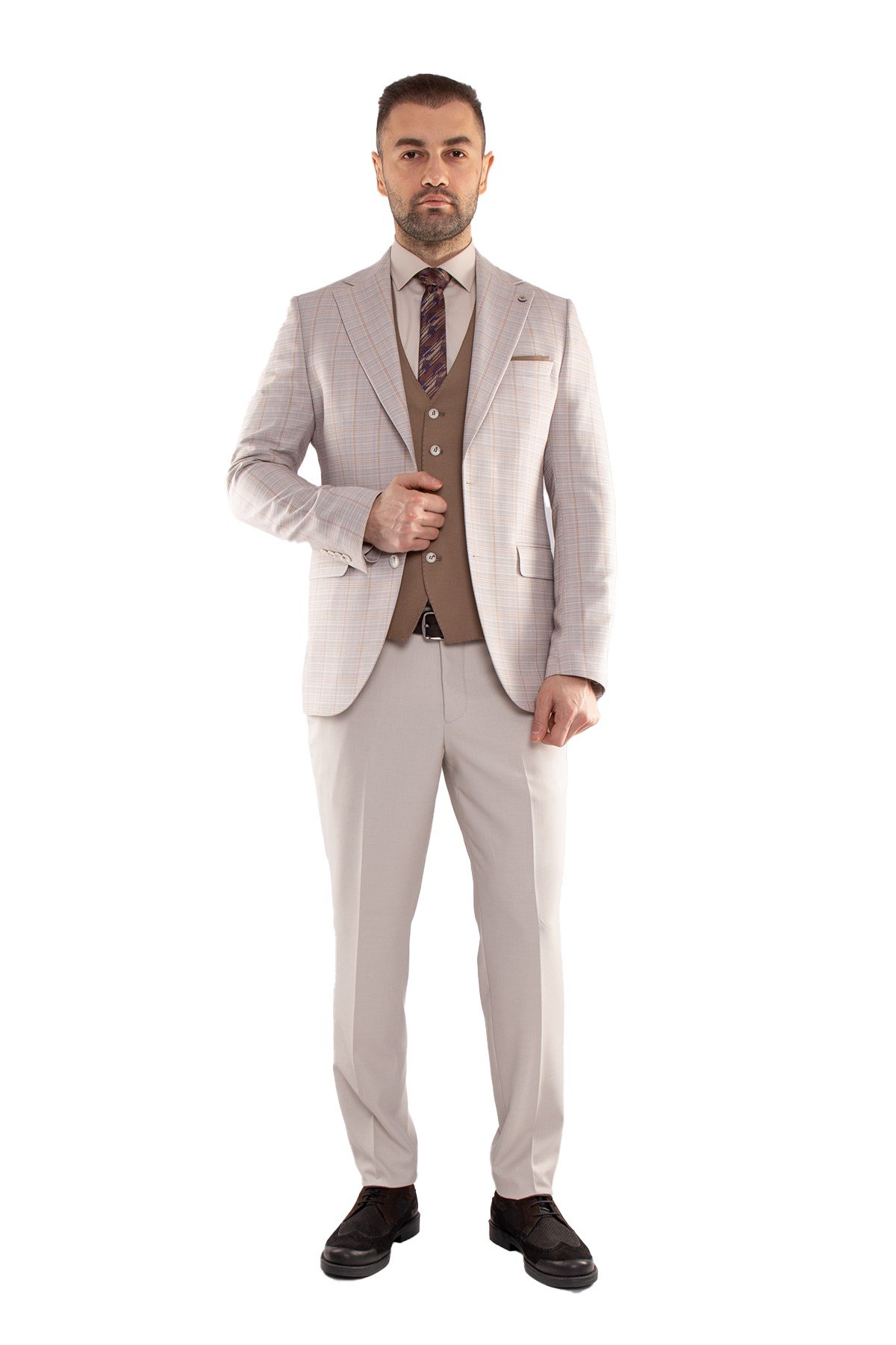 JK35SF02M061 Slimfit 6 Drop Kareli Yelekli Takım Elbise