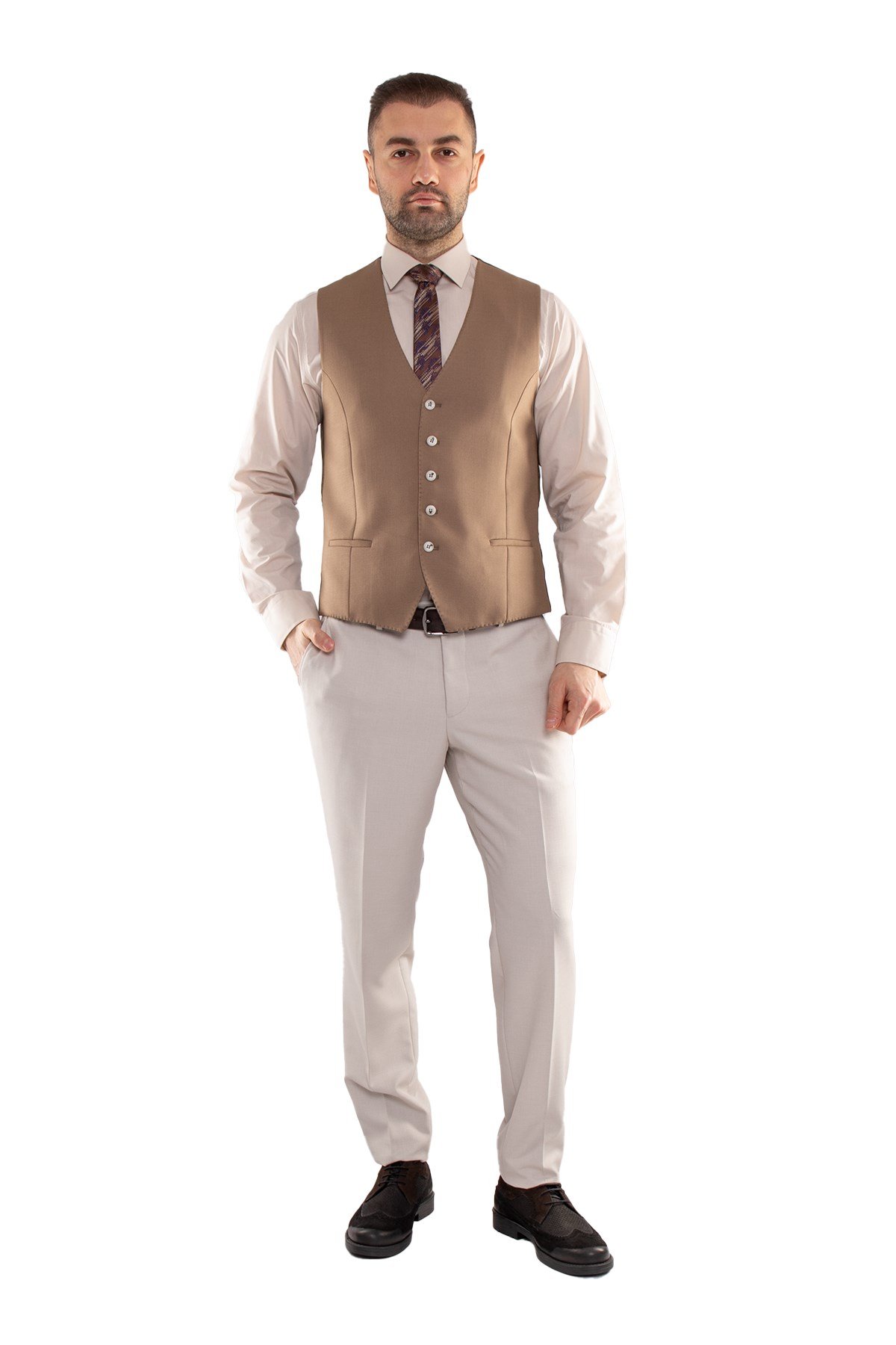 JK35SF02M061 Slimfit 6 Drop Kareli Yelekli Takım Elbise