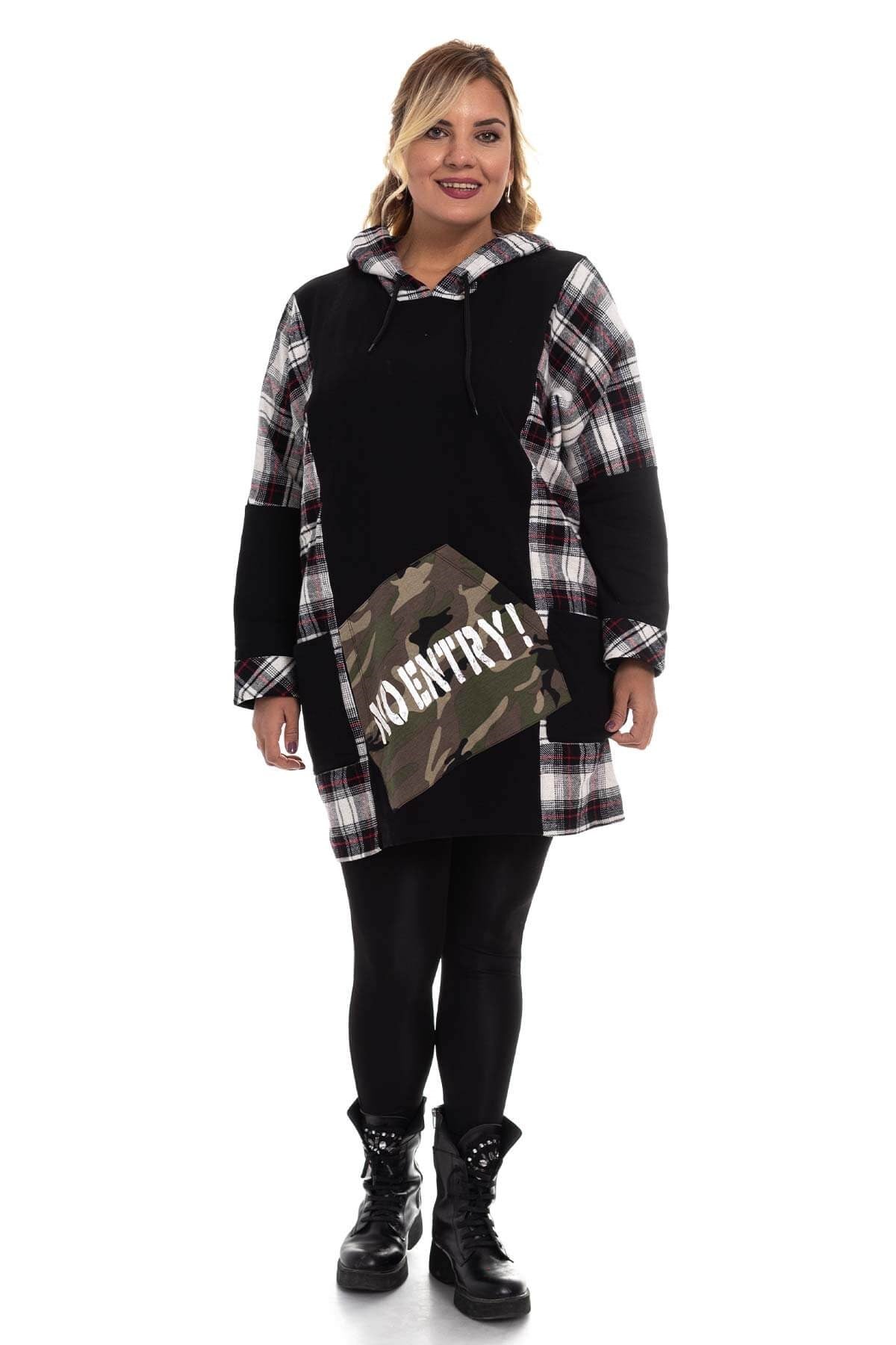 JOY640 Ekose Desen Kapşonlu Tunik