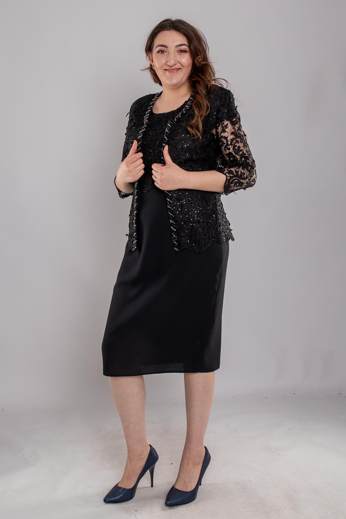 M-634 3D Güpür Pul Nakışlı Patı Boncuklu Kısa Elbise Ceket Takım