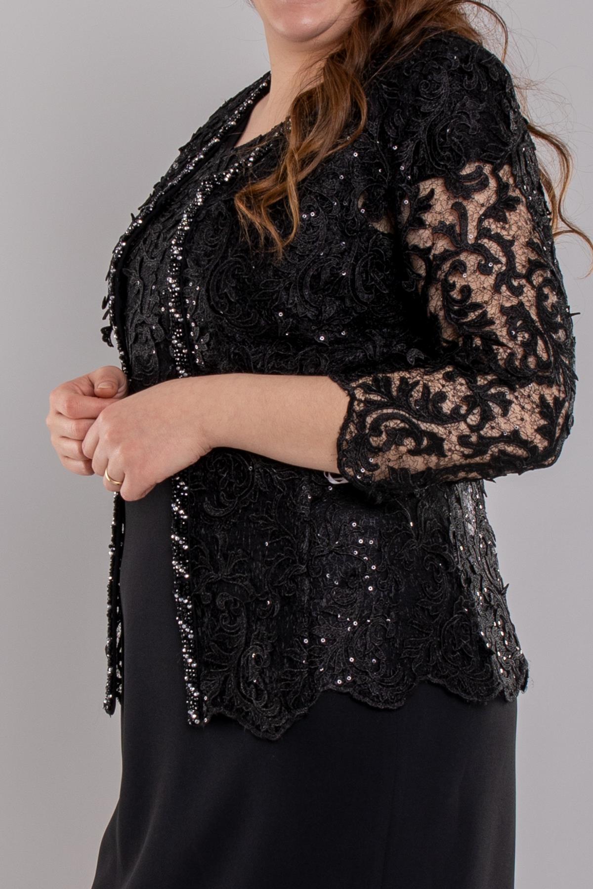 M-634 3D Güpür Pul Nakışlı Patı Boncuklu Kısa Elbise Ceket Takım