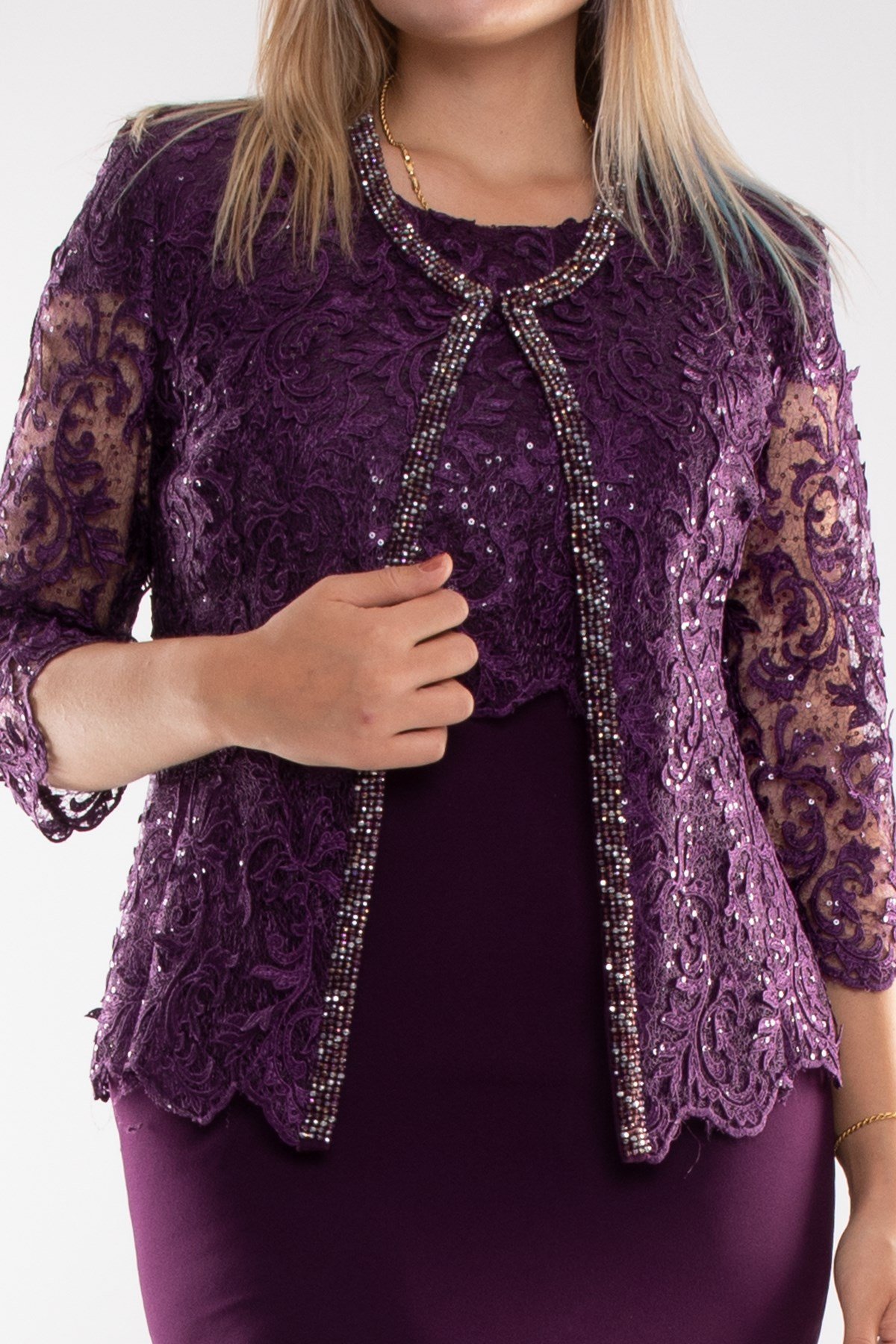 M-634 3D Güpür Pul Nakışlı Patı Boncuklu Kısa Elbise Ceket Takım