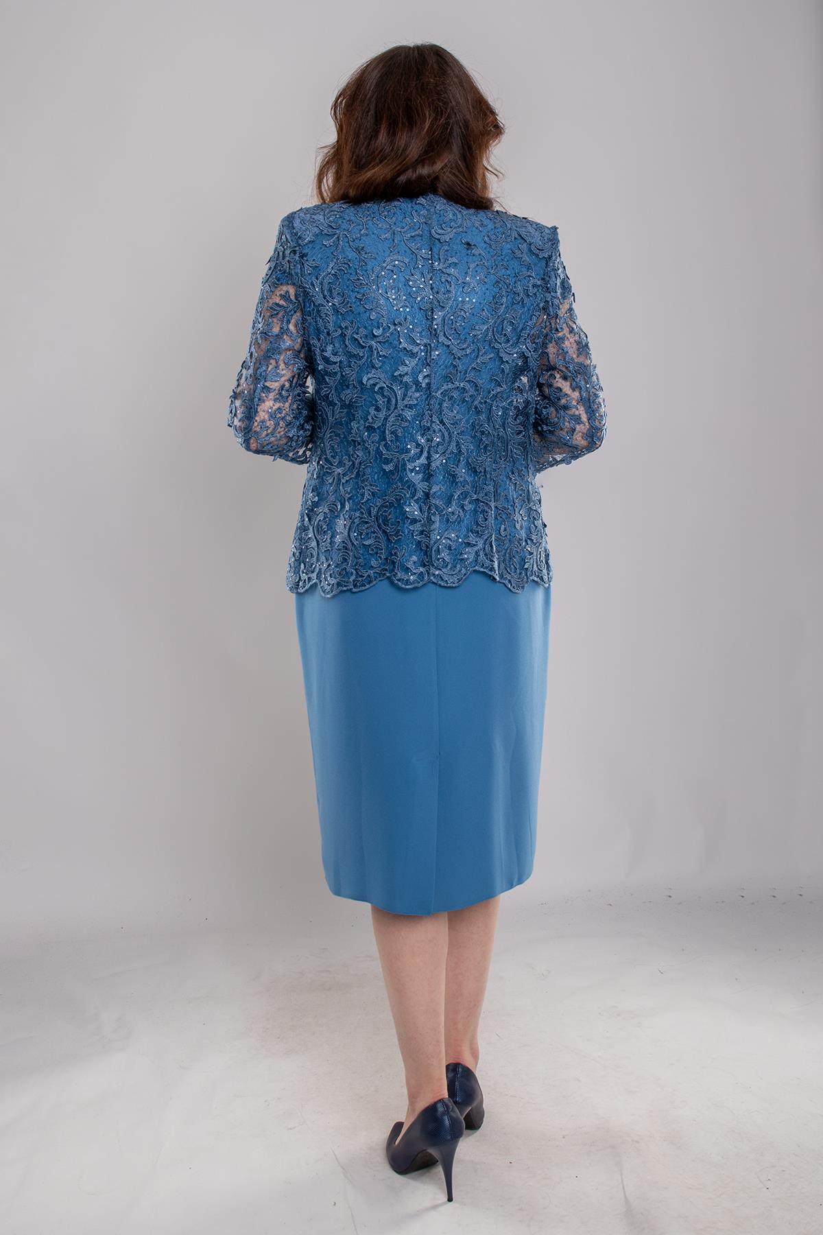 M-634 3D Güpür Pul Nakışlı Patı Boncuklu Kısa Elbise Ceket Takım