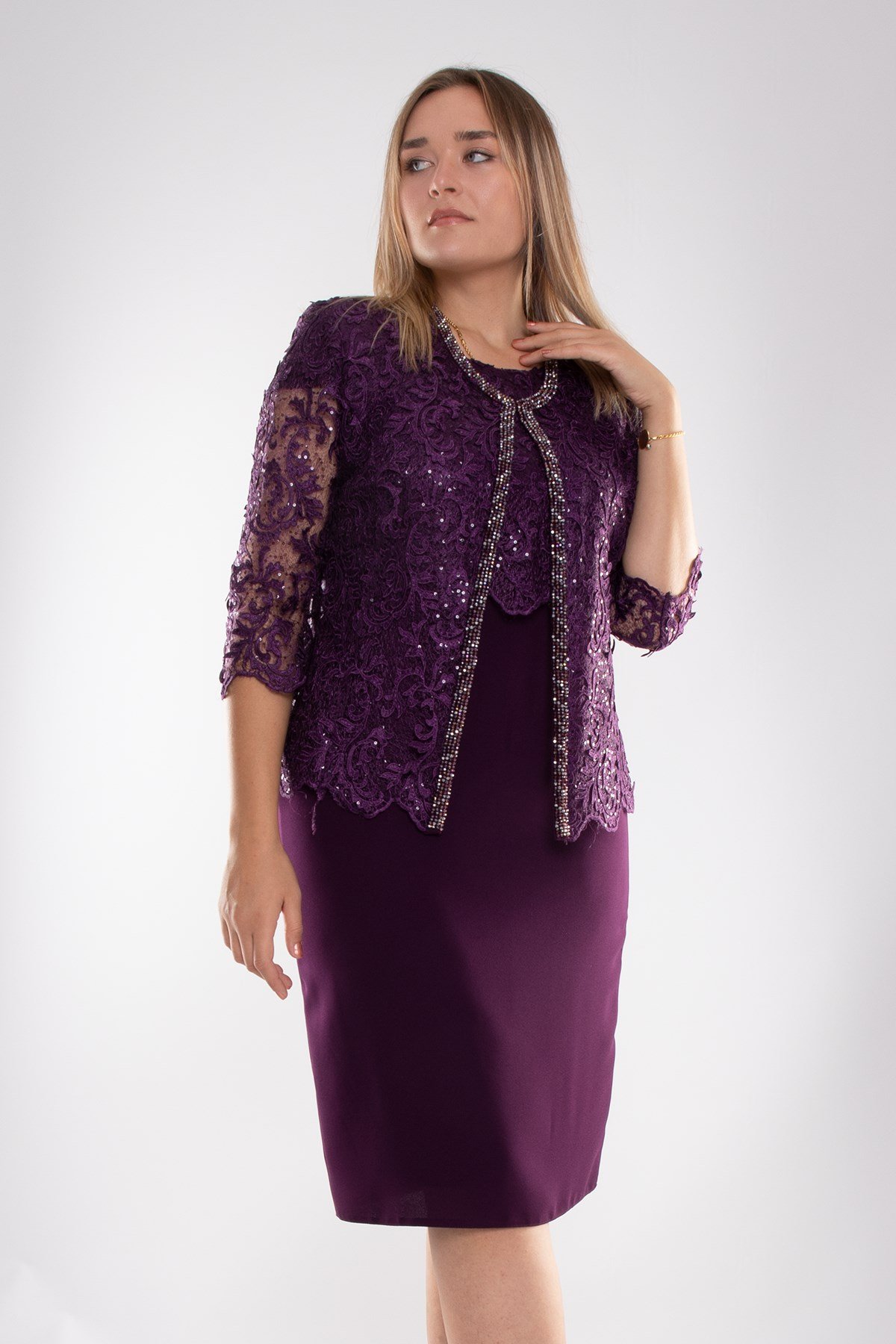 M-634 3D Güpür Pul Nakışlı Patı Boncuklu Kısa Elbise Ceket Takım