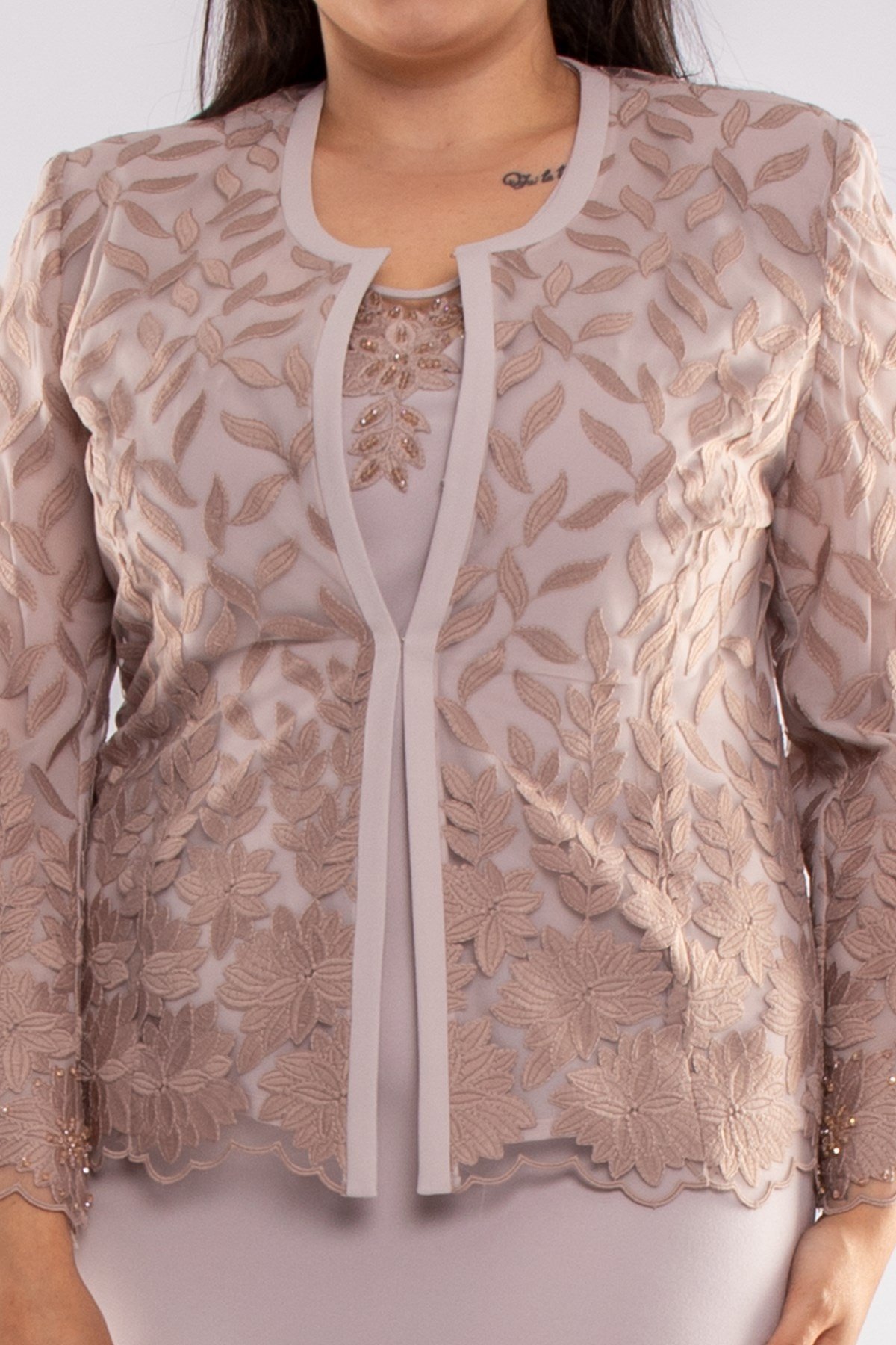 M-761 Büyük Beden Yaprak Desen Elbise Ceket Takım