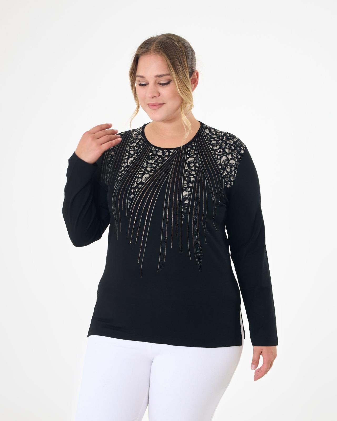 M219 Yaka Geometrik Desen Taşlı LEopar Baskı Bluz