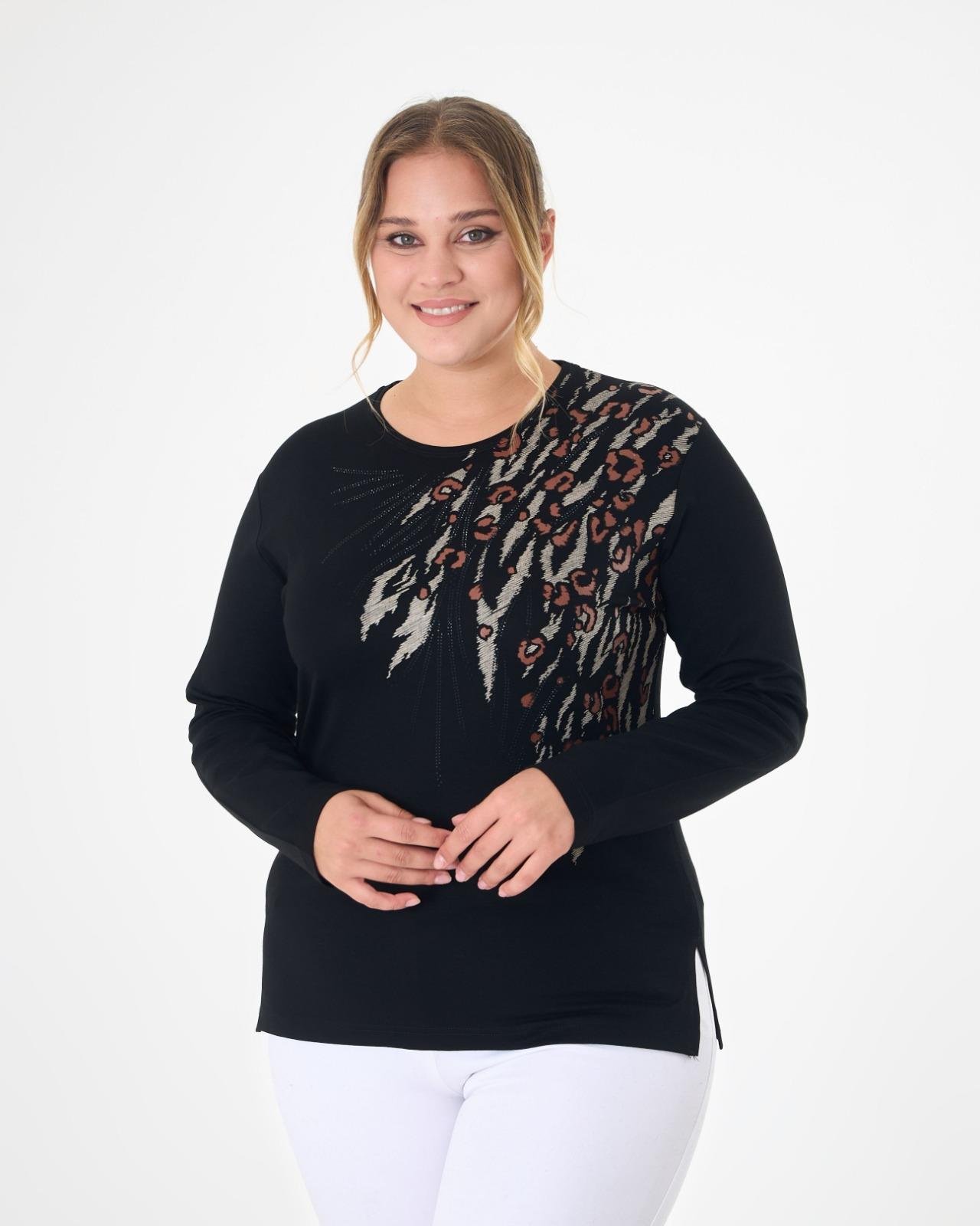 M221 Taşlı Leopar Baskı Bisiklet Yaka Bluz