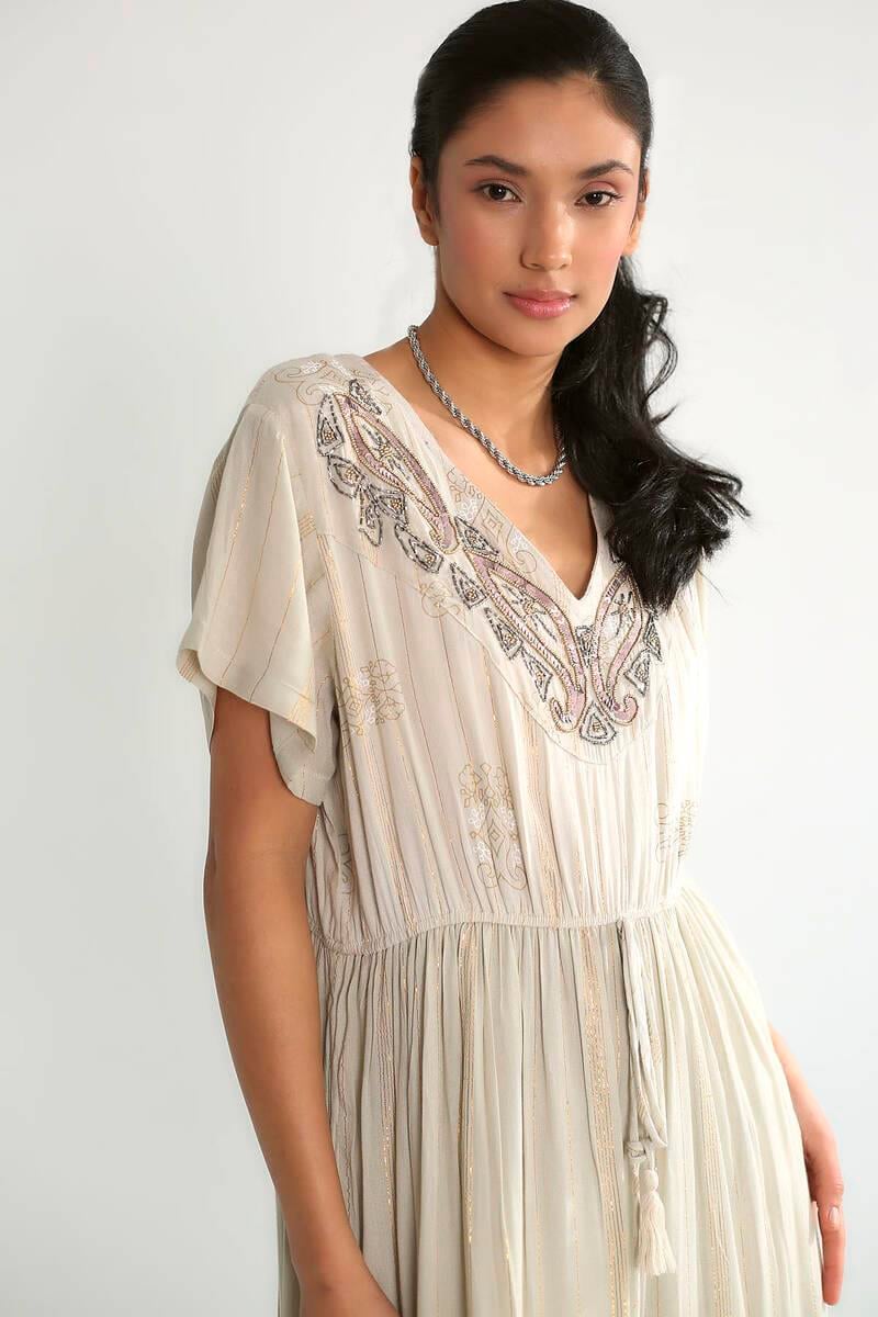 M38573 Yaka Paket Nakışlı Simli Astarlı Mibidoy Elbise