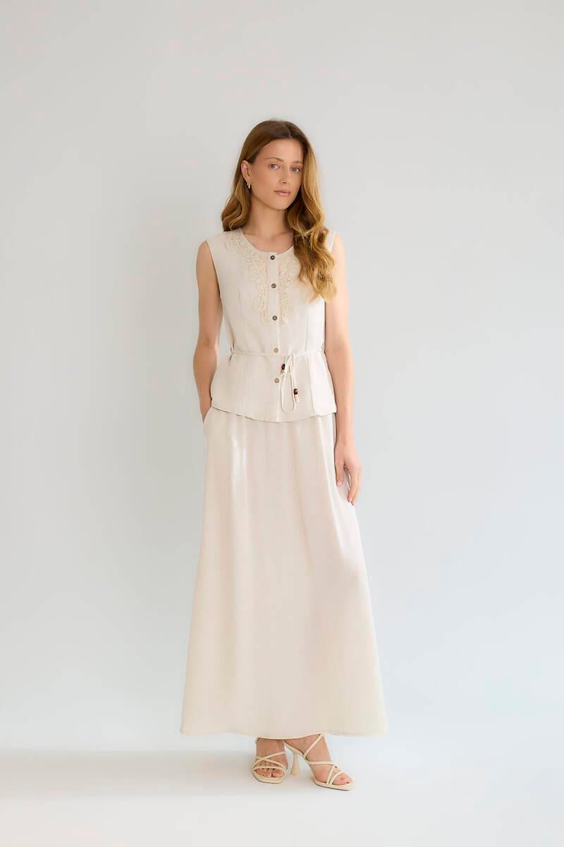 M38601 Pamuk Dantel Detay İplik Yelek Uzun Etek Takım