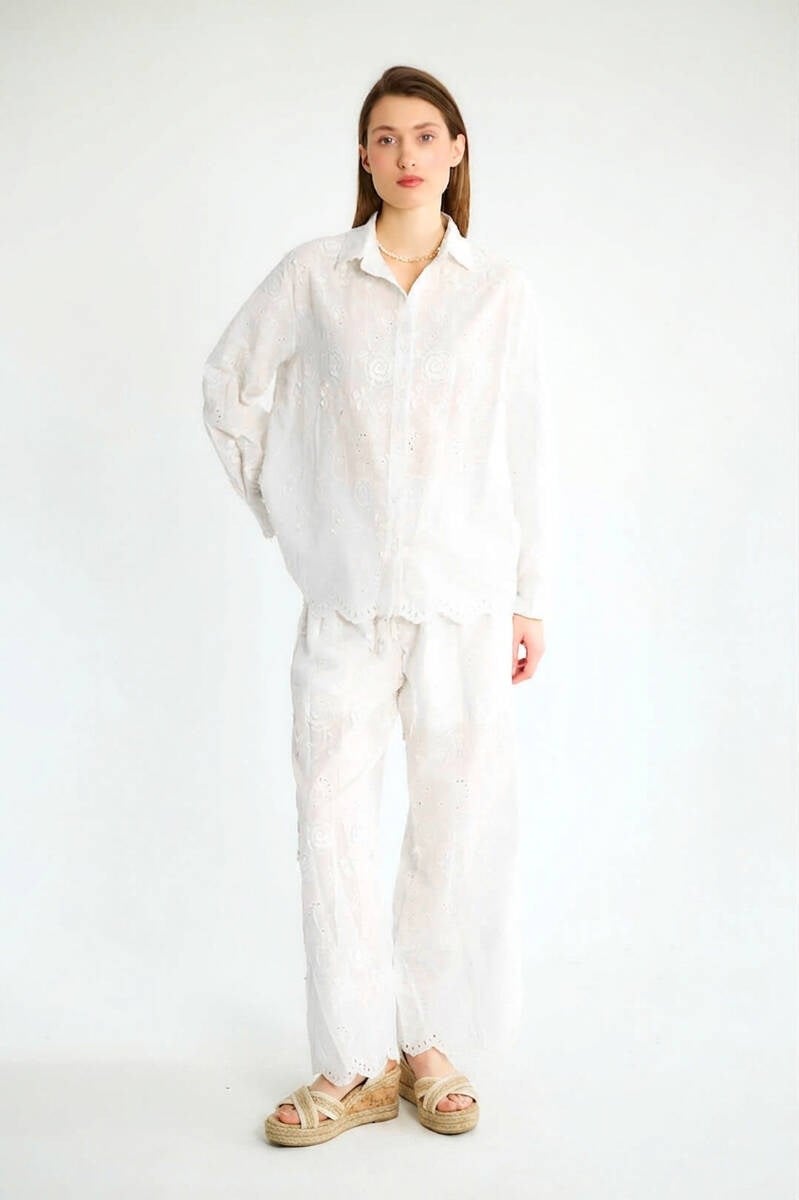 M39551 Gül Nakışlı Gömlek Beli Lastikli Pantolon Takım