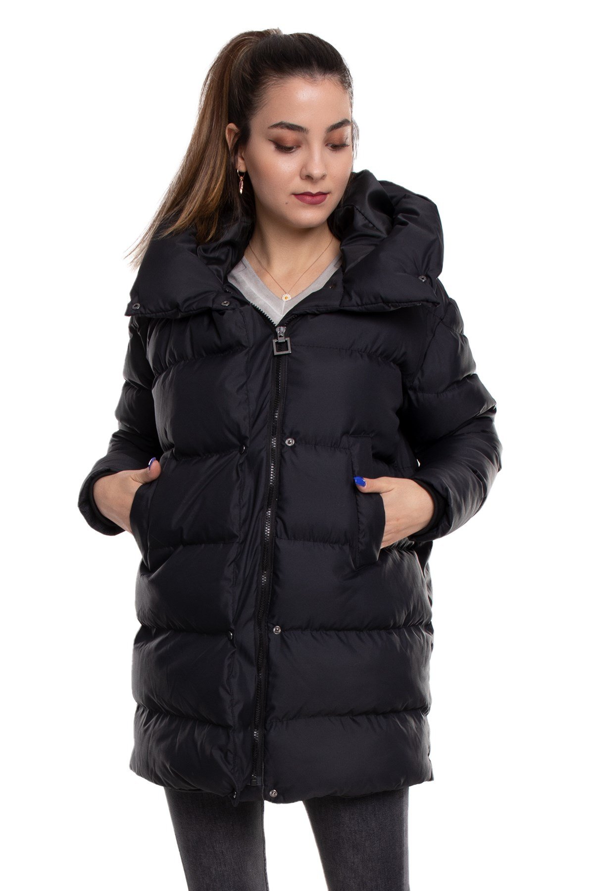 MELODY Geniş Yaka Kapşonlu Çıtçıtlı Şişme Oversize Kadın Kaban