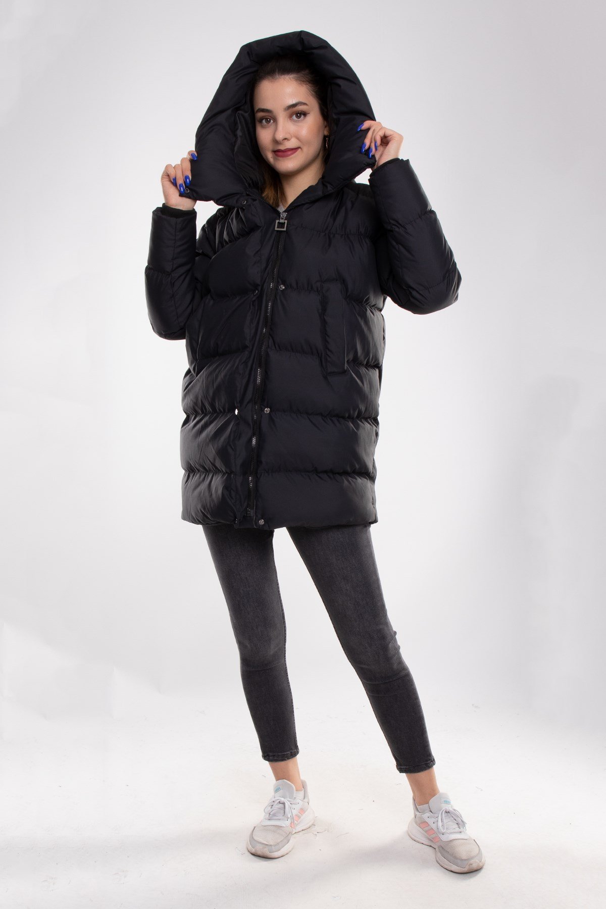 MELODY Geniş Yaka Kapşonlu Çıtçıtlı Şişme Oversize Kadın Kaban