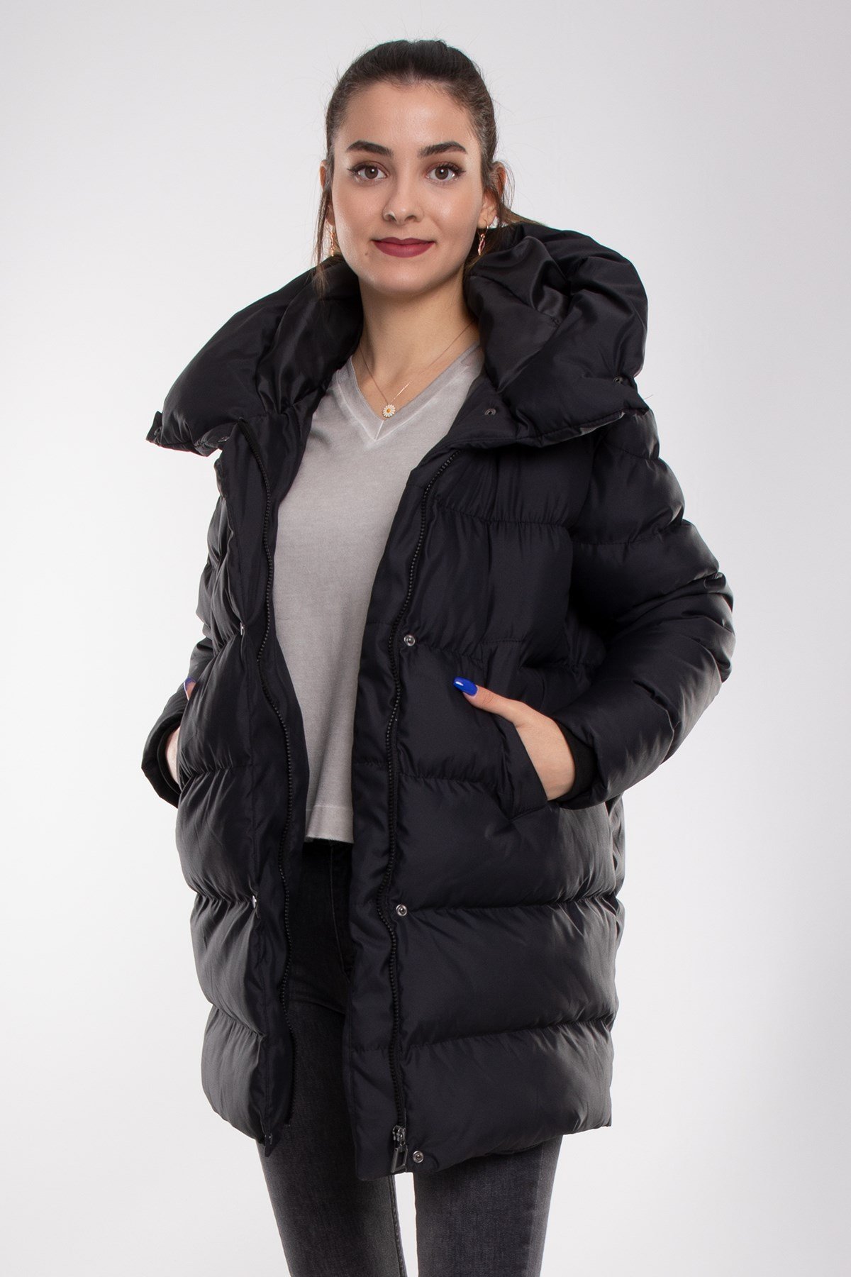 MELODY Geniş Yaka Kapşonlu Çıtçıtlı Şişme Oversize Kadın Kaban