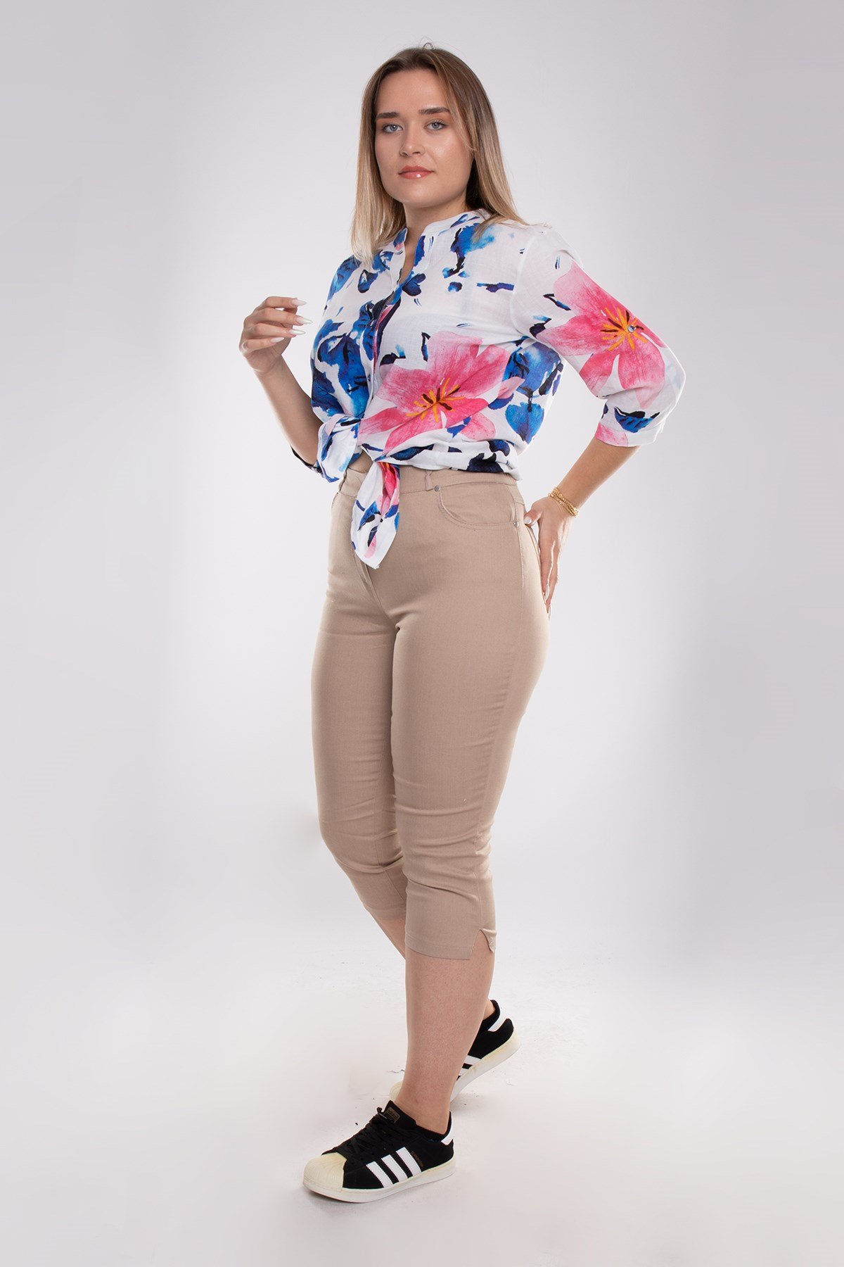 P8324 Büyük Beden Beli Lastikli Pamuklu Kapri