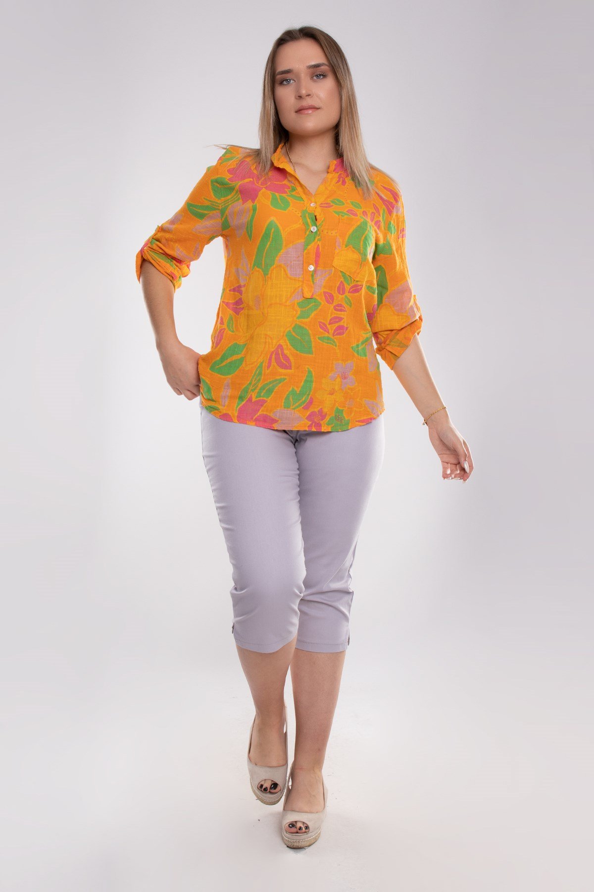 P8324 Büyük Beden Beli Lastikli Pamuklu Kapri