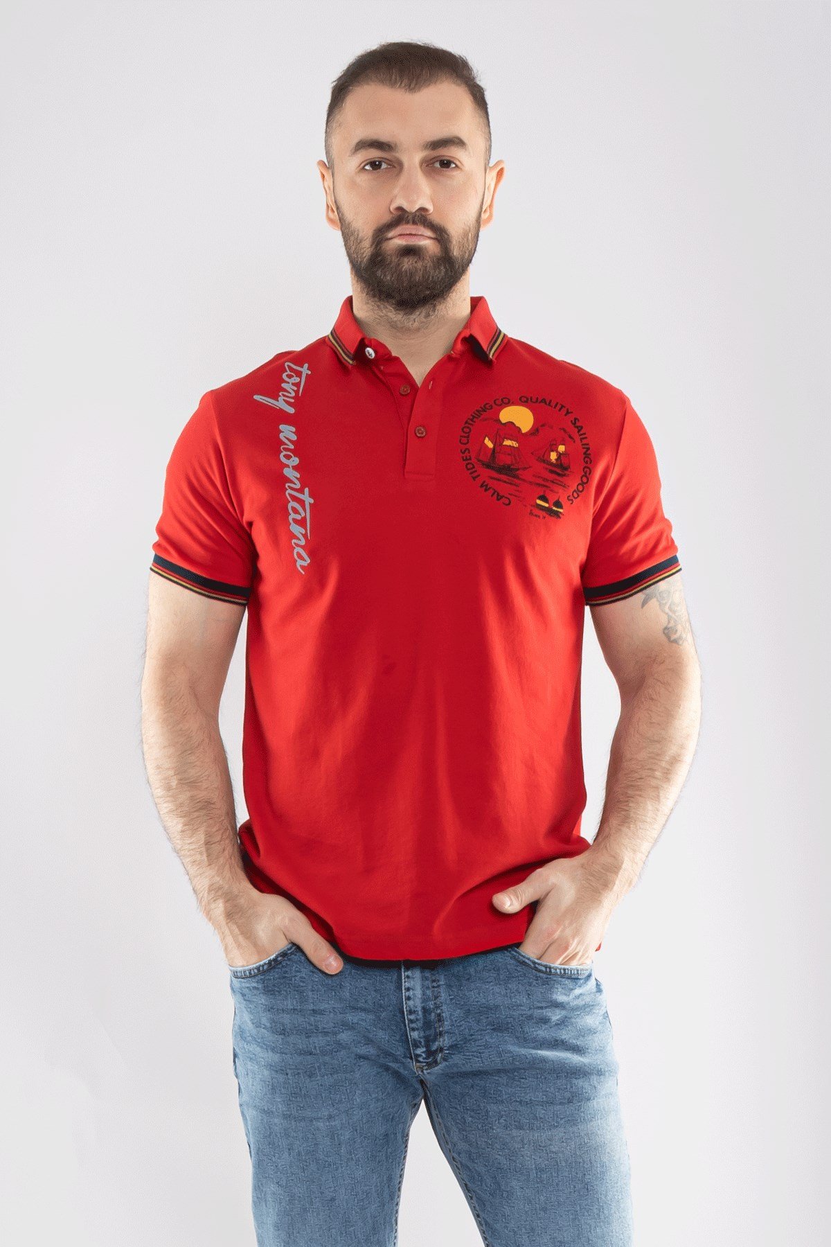 PL-2440 Penye Lacost Polo Yaka Gemi Baskılı Pamuk Tshirt
