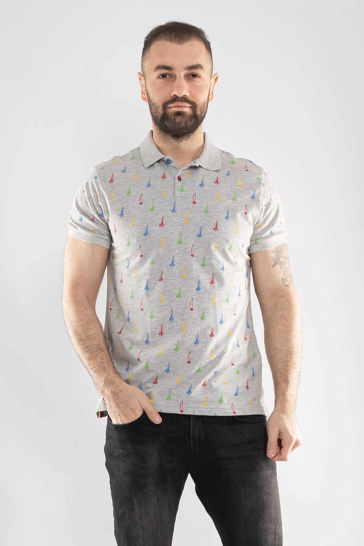 PL-3361 Polo Yaka Baskılı Pamuk Tshirt