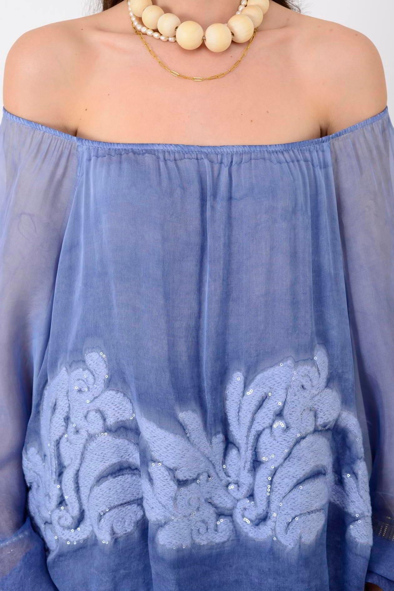 SN338 Nakış Detay Yaka Lastikli Bluzlu Uzun İpek Elbise