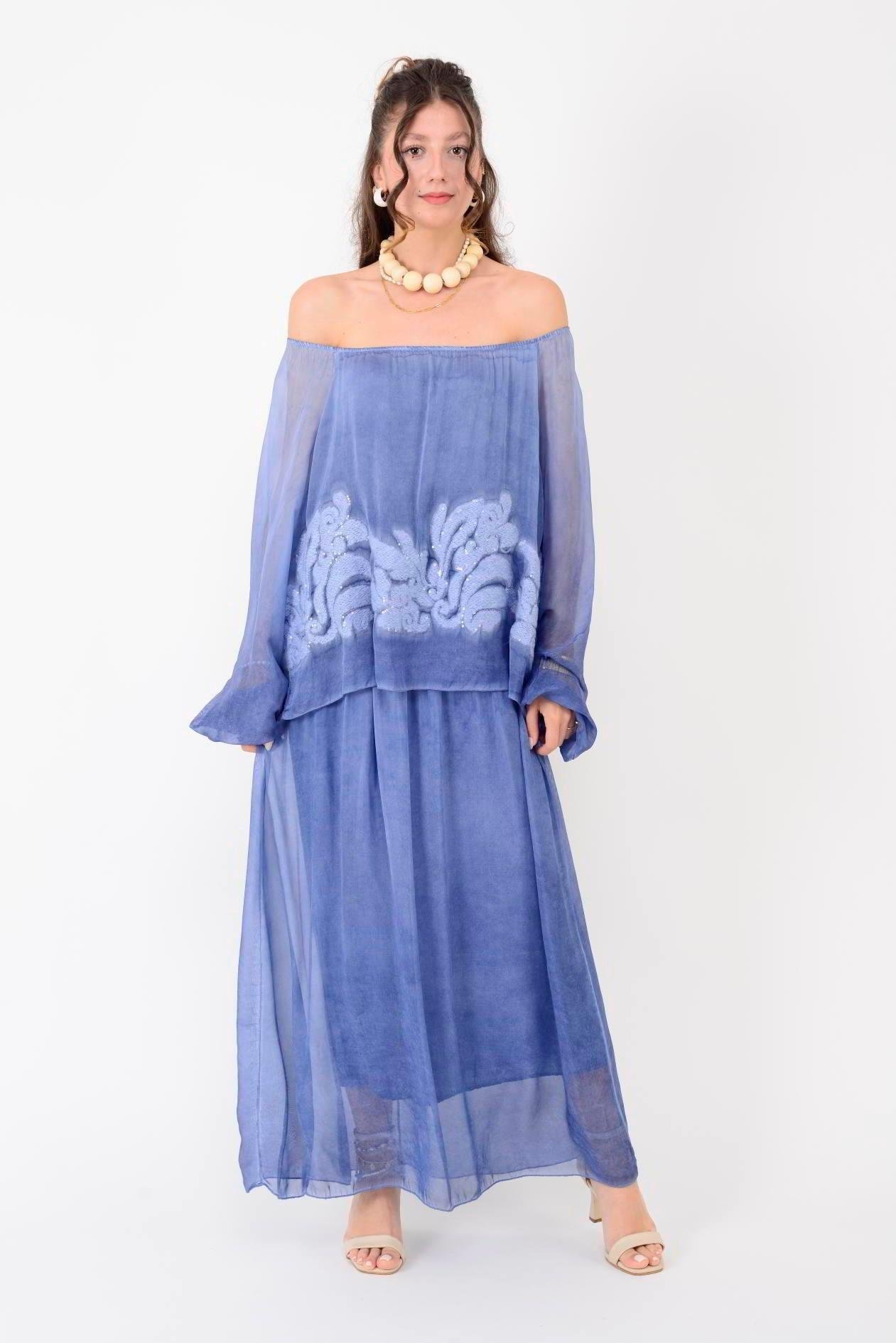 SN338 Nakış Detay Yaka Lastikli Bluzlu Uzun İpek Elbise