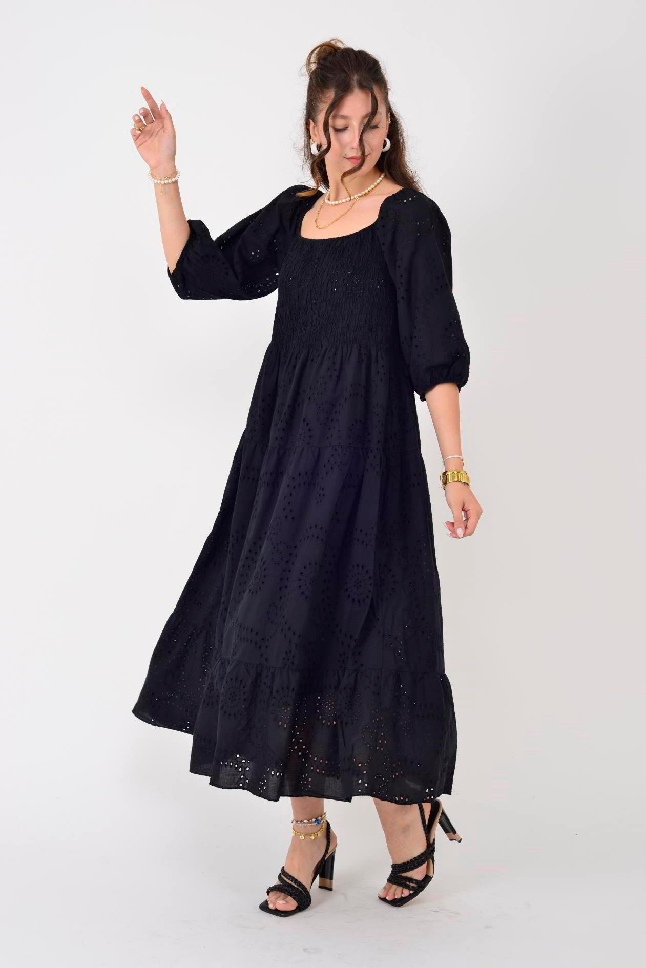 SN611 Kare Yaka Fistolu Katlı Uzun Elbise