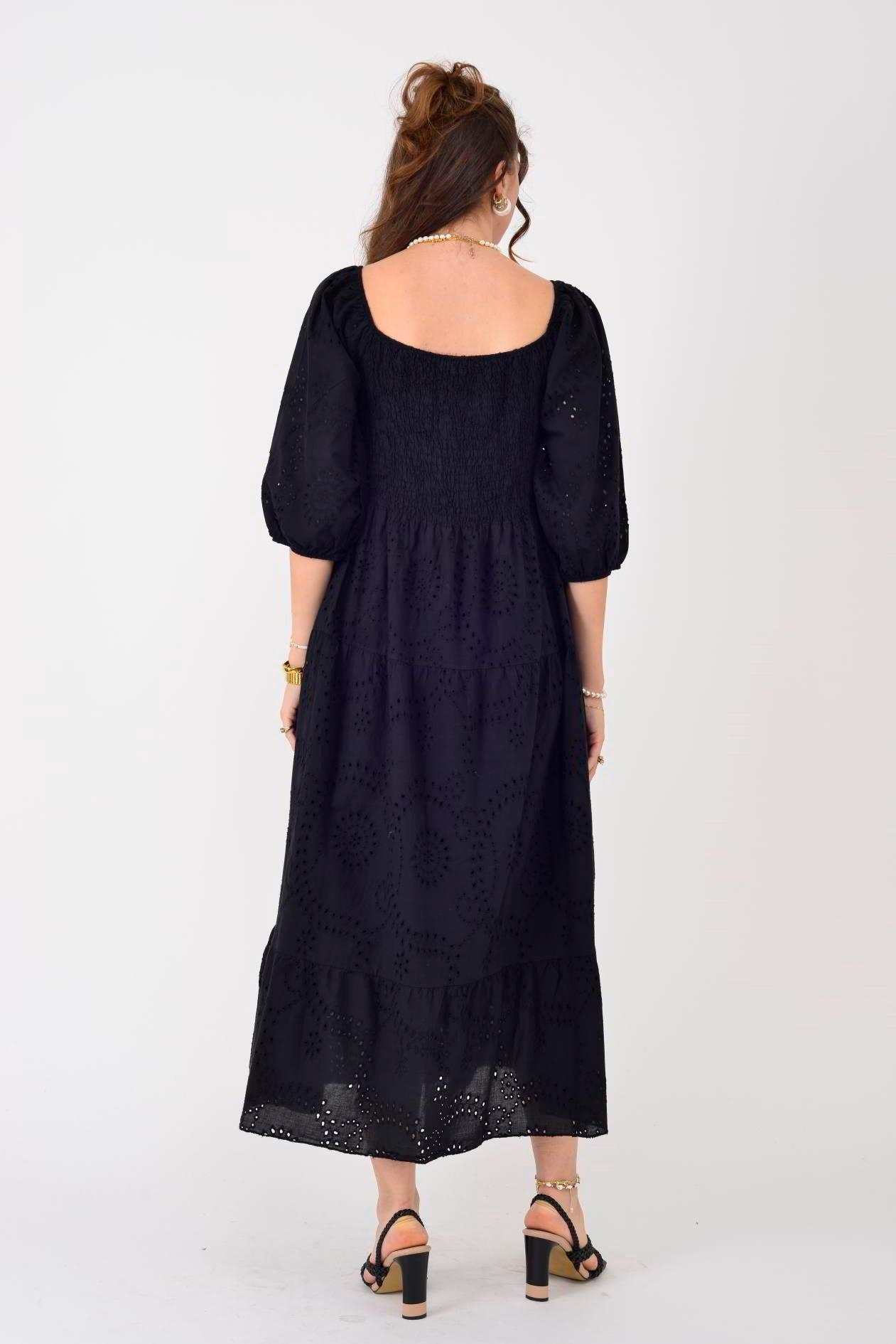 SN611 Kare Yaka Fistolu Katlı Uzun Elbise