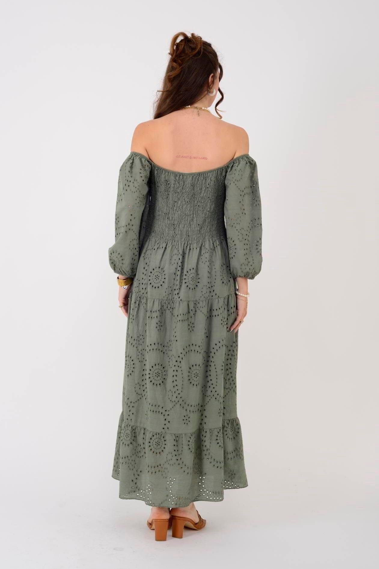 SN611 Kare Yaka Fistolu Katlı Uzun Elbise