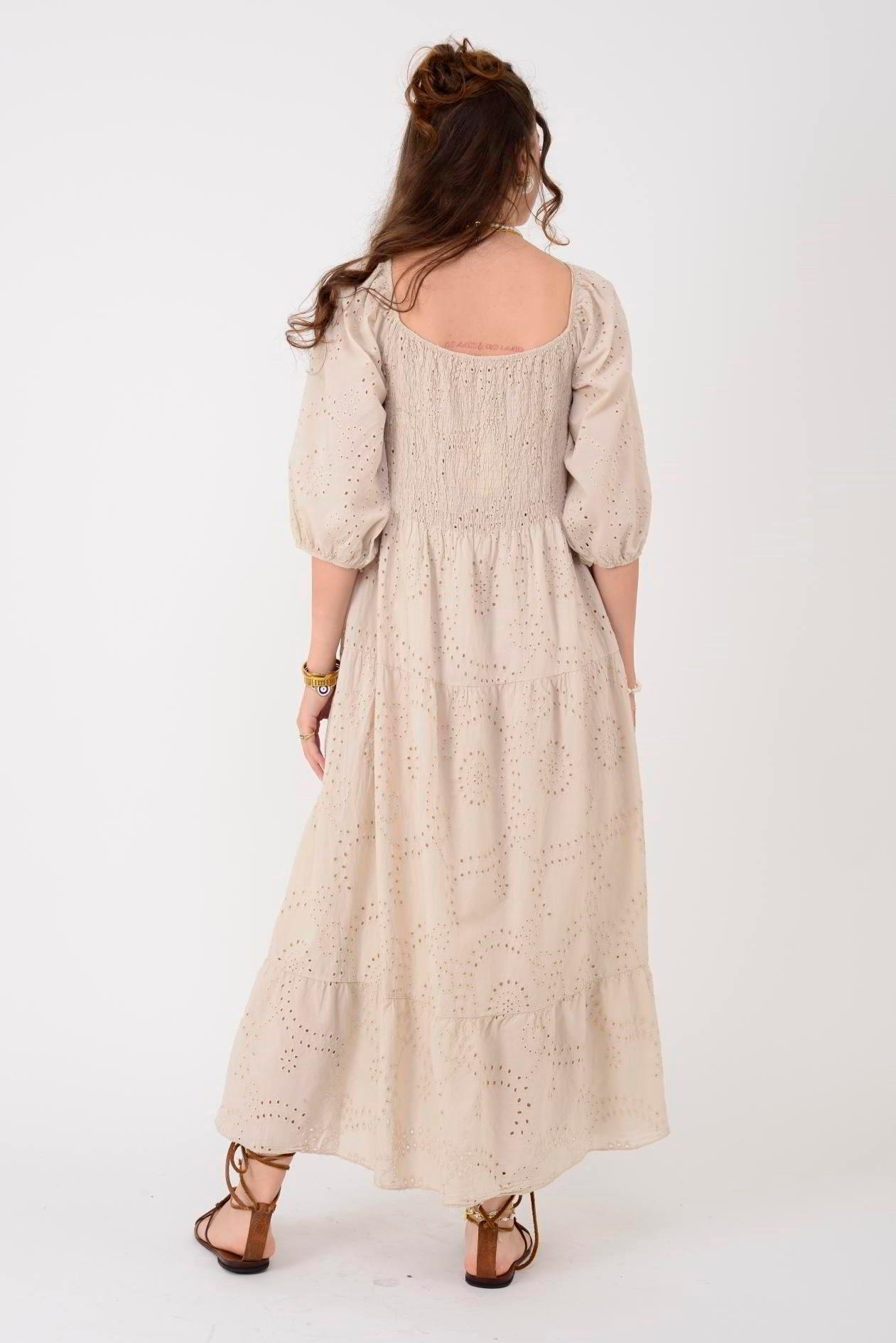 SN611 Kare Yaka Fistolu Katlı Uzun Elbise