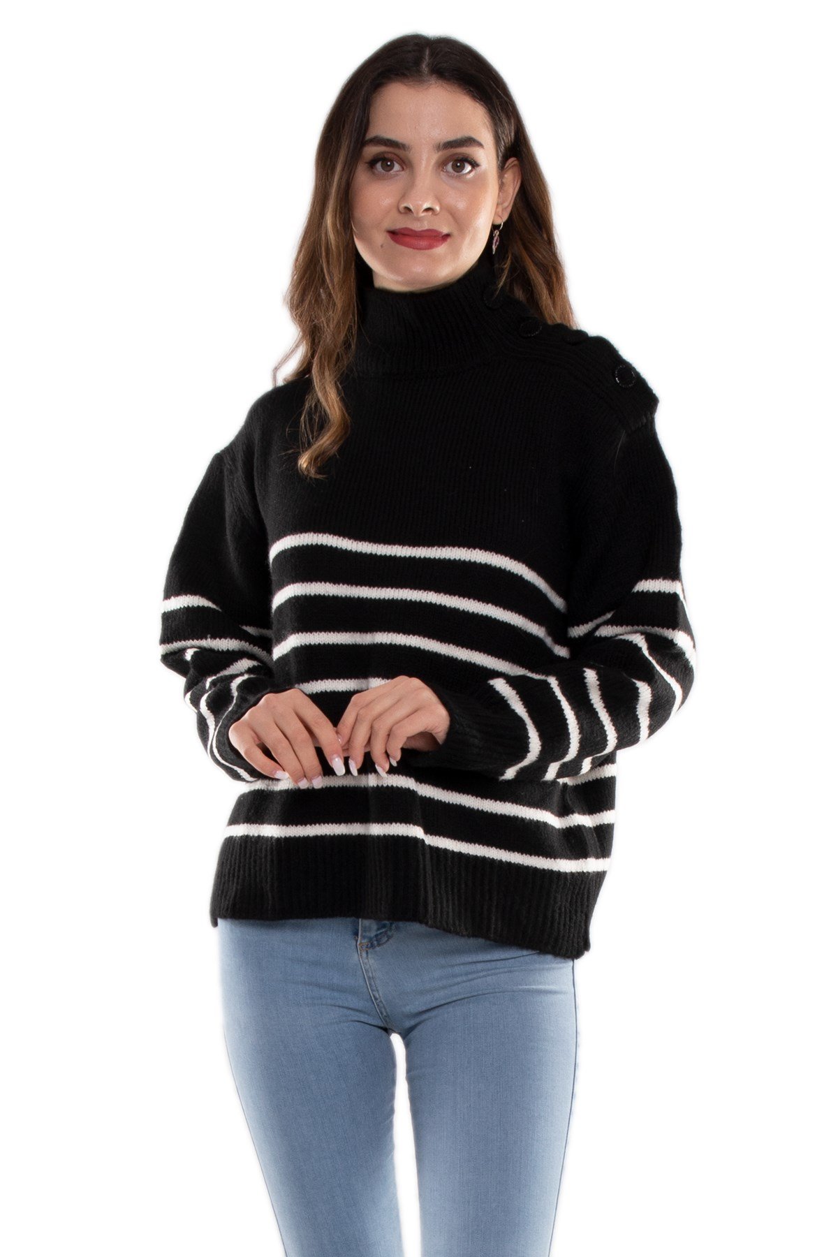 T93553 Yarım Balıkçı Çizgili Omuz Düğmeli Triko Kazak