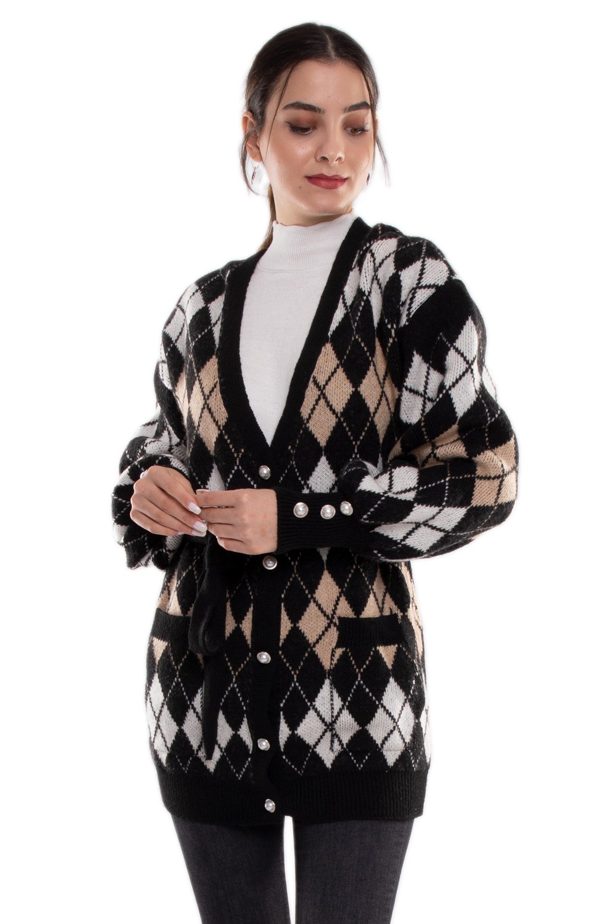 T93723 Cepli Baklava Desen İnci Düğmeli Triko Hırka